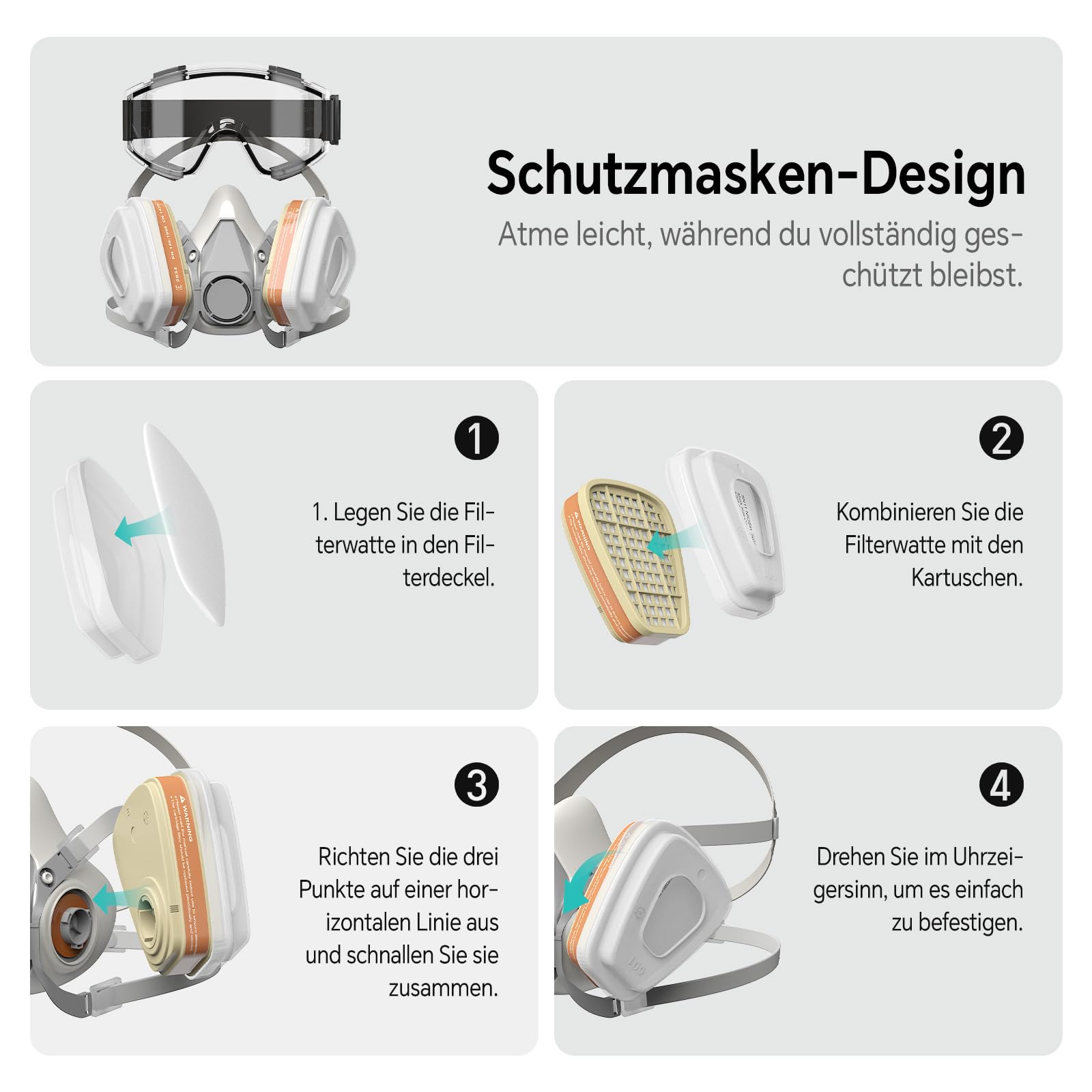 AIMAX Masque de Protection avec Filtre A1P2, Anti Poussière et Gaz, avec Lunettes, Respiratoire Réutilisable pour Peinture, Ponçage, Pulvérisation, Ensemble Complet avec Filtres de Rechange