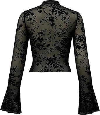 Women Long Sleeve See Through Lace Tops Y2k Sexy Leopard Sheer Mesh Crop Top Open Front Deep V Neck Ruffle Shirts