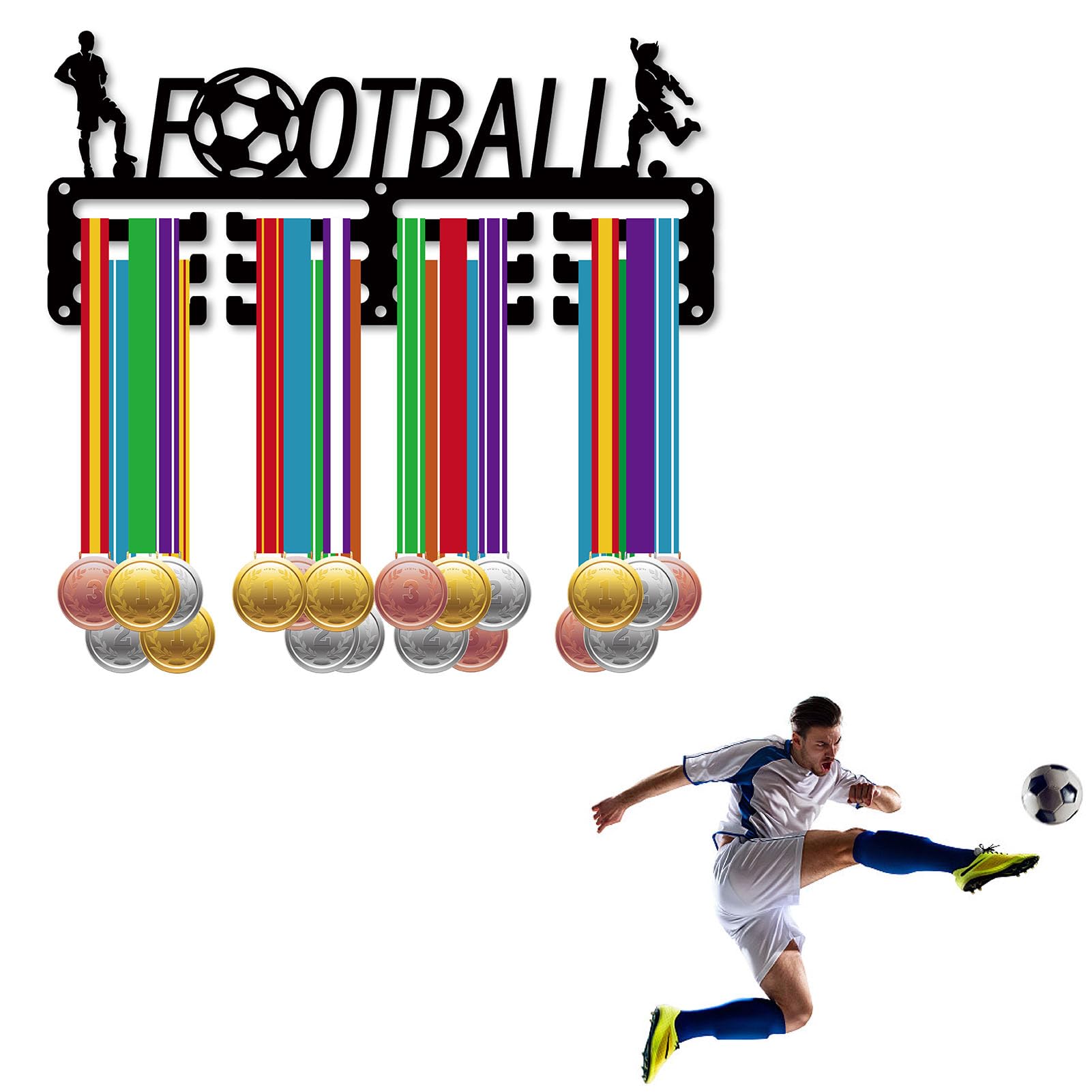 CREATCABIN Soporte para Medallas Fútbol,Colgadores Medallas,Estante Fútbol,Deportes,Premios Colgantes Metal,Hierro,Montaje Pequeño,Decoración,Premios para Mujeres,Pared,Hogar,Insignia,Negro,29x12.8cm — view 7