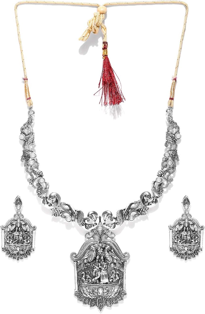 ZAVERI PEARLS Antique Silver Radha Krishna Temple Necklace Set For Women-ZPFK6306