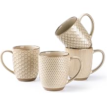 GBhome Large Coffee Mugs Set of 4, 16oz Handmade Embossed Coffee Mugs Set with Large Handle for Cappuccino/Latte/Tea/Hot Cocoa, Dishwasher & Microwave Safe, Khaki