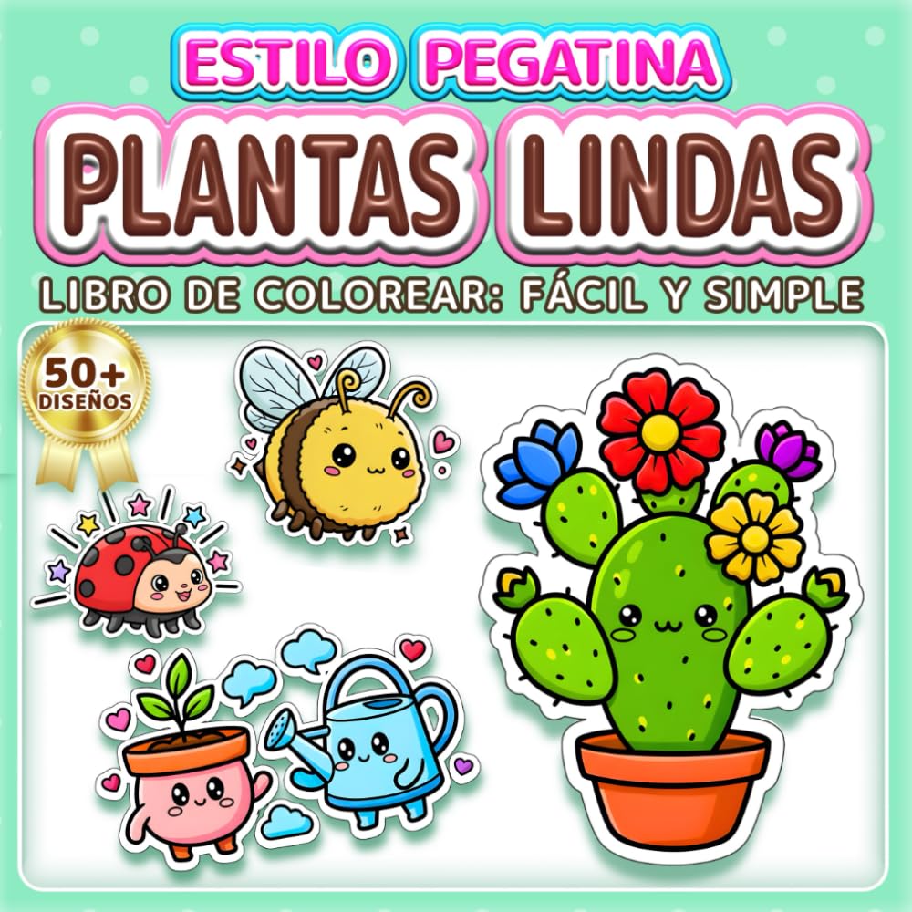PLANTAS LINDAS: LIBRO DE COLOREAR: FÁCIL Y SIMPLE - Más de 50 diseños estilo pegatina divertidos para niños, adultos y personas mayores. Alivio del ... (Libro de Colorear Estilo Pegatinas)
