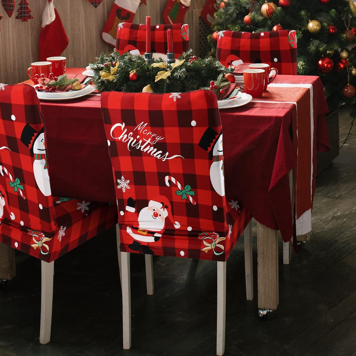 Macarrie Christmas Chair Covers Set Stretch Printed Chair Protectors Covers Washable Stretch Red and Black Buffalo Plaid Christmas Party Decorations Removable Dining slipcovers(6 Pieces)