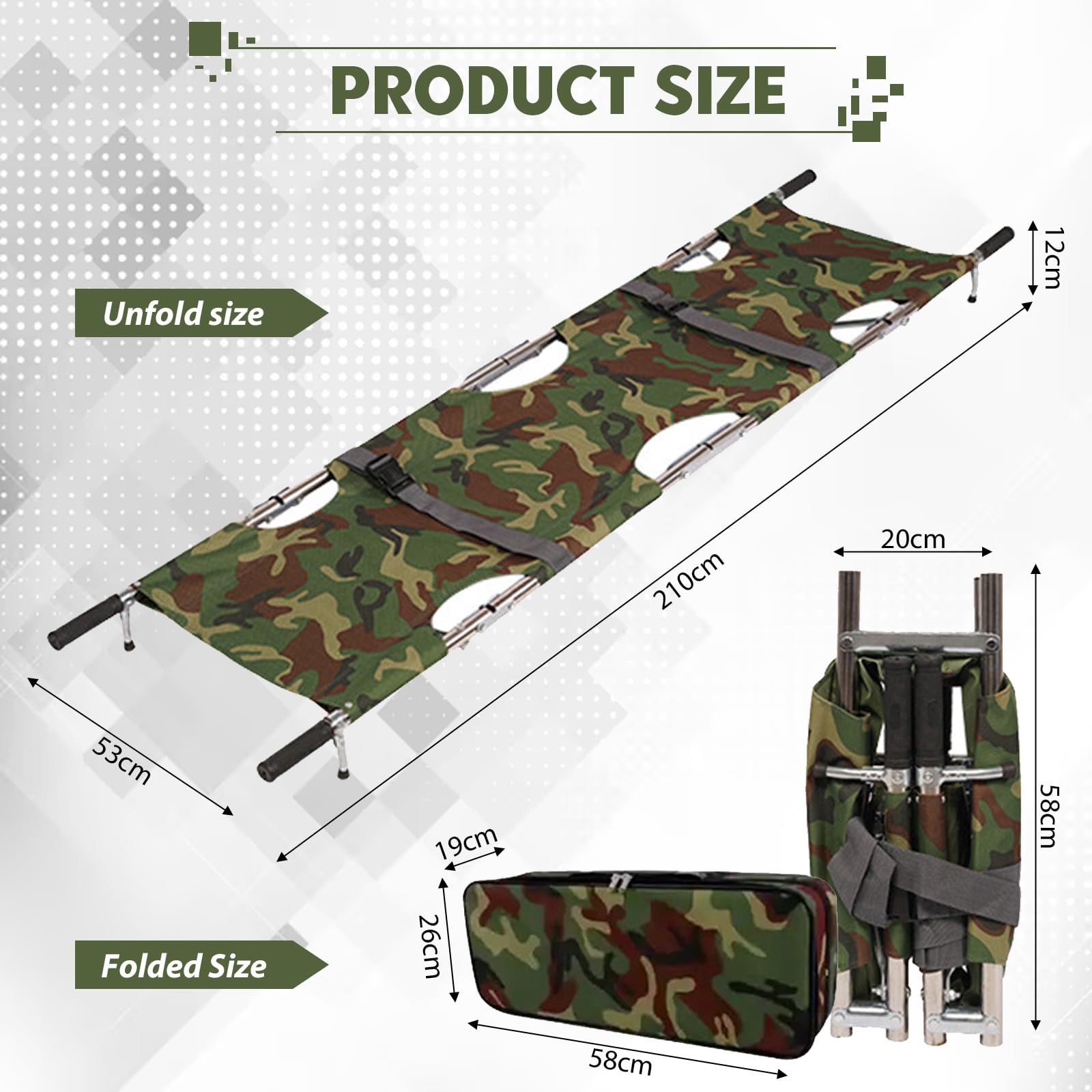Civière Pliante, Civière Portative Pliante, 210 * 54cm, Avec sac de Rangement pour le Sauvetage en Montagne et le Transport Longue Distance(Vert armée)