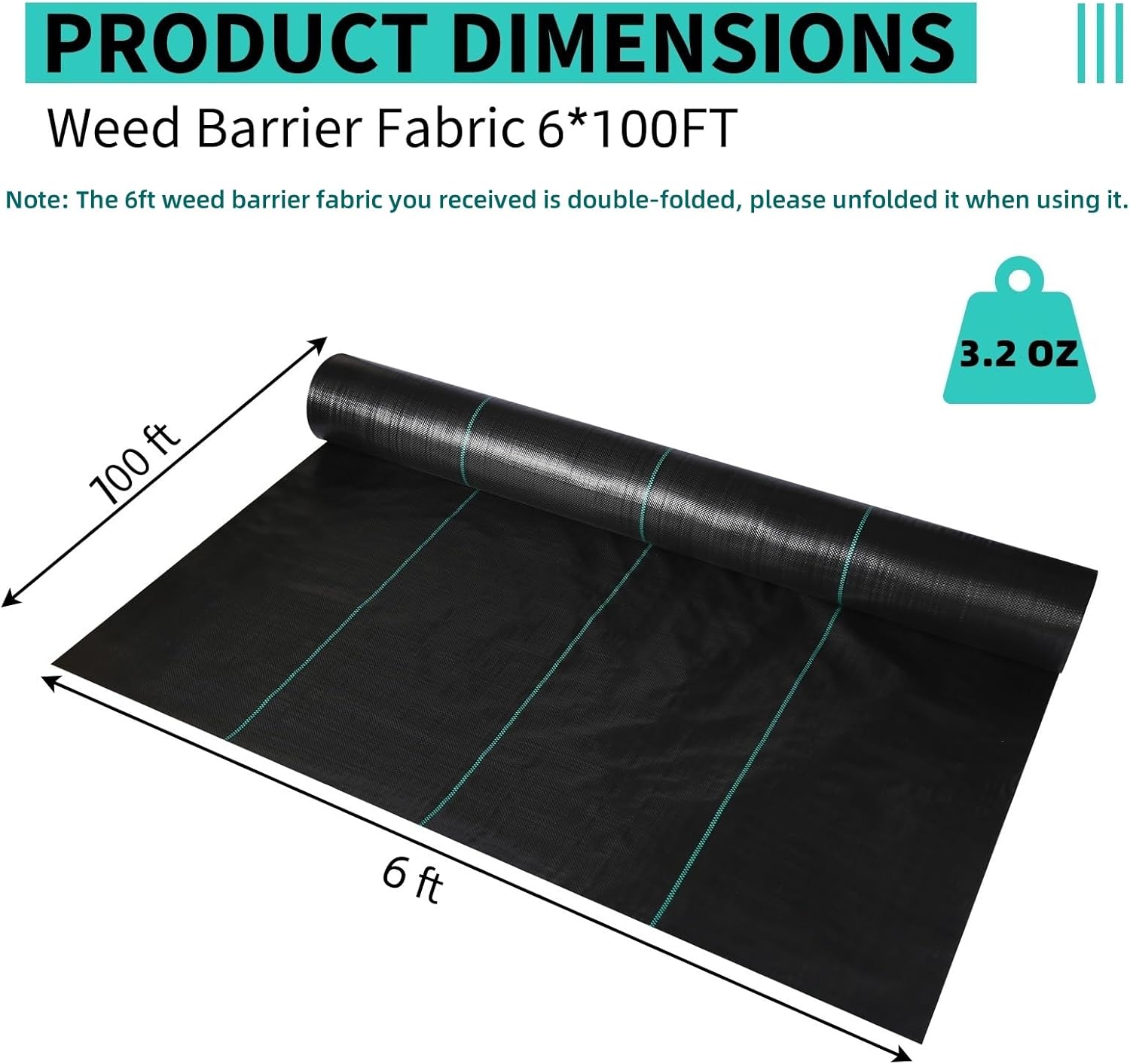6x100ft Weed Barrier Fabric, 3.2oz Heavy Duty Woven Landscape Fabric, Easy Setup Ground Cover Weed Control Mat for Greenhouse, Yard, Flower Bed, Garden, Black