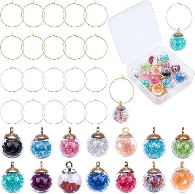 SUNNYCLUE Wine Glass Charms Tags Wine Glass Identifiers Markers with 14 Pieces Glass Beads & 20 Pieces Hoop Earrings Findings for Party Christmas Wedding Valentines Day Favors Family Gathering UK