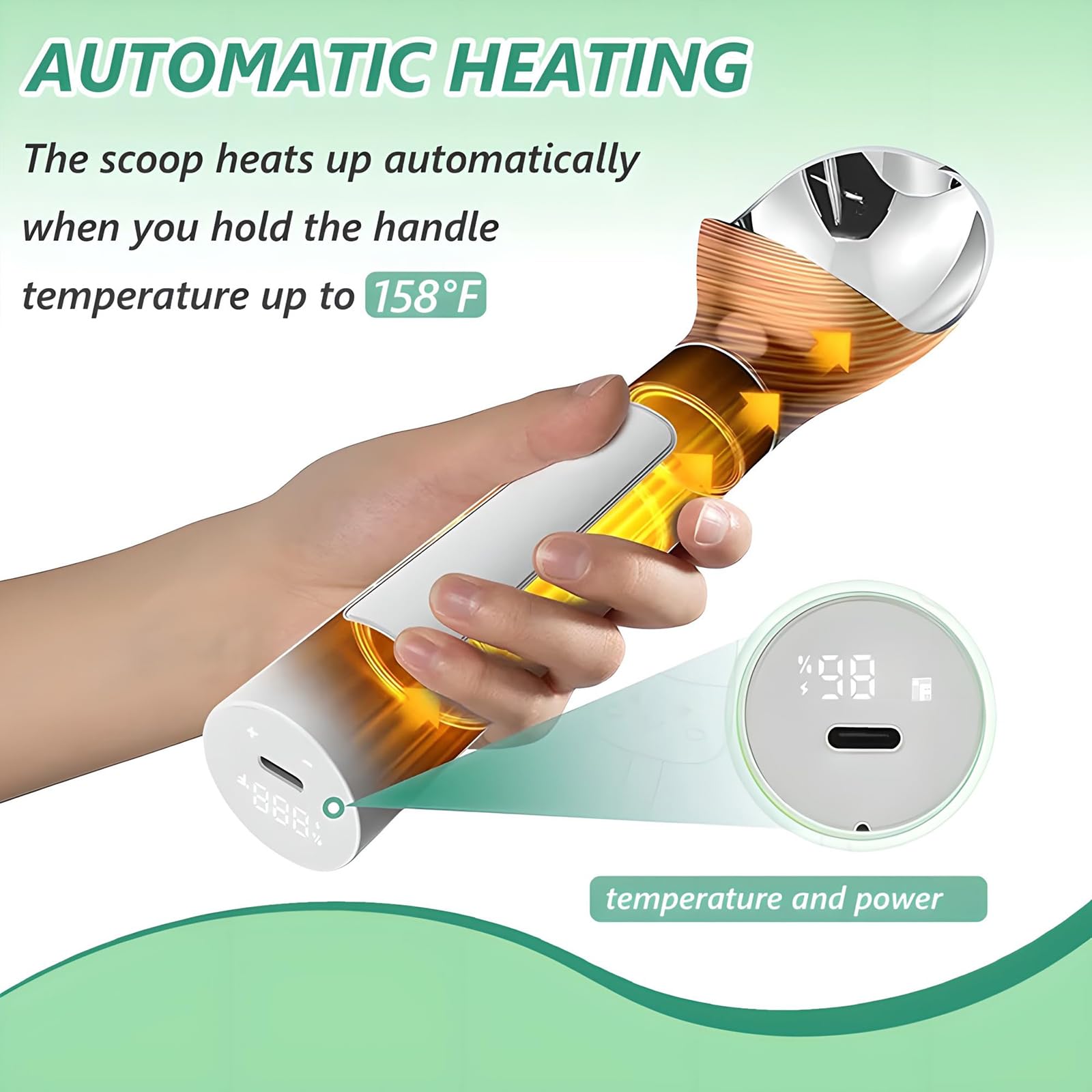 Cuillère à Glace chauffante Intelligente 2000 mAh, thermostatique et chauffante, avec écran LCD numérique et 5 cuillères à Dessert, étanche IP67, Interrupteur Automatique à détection Black
