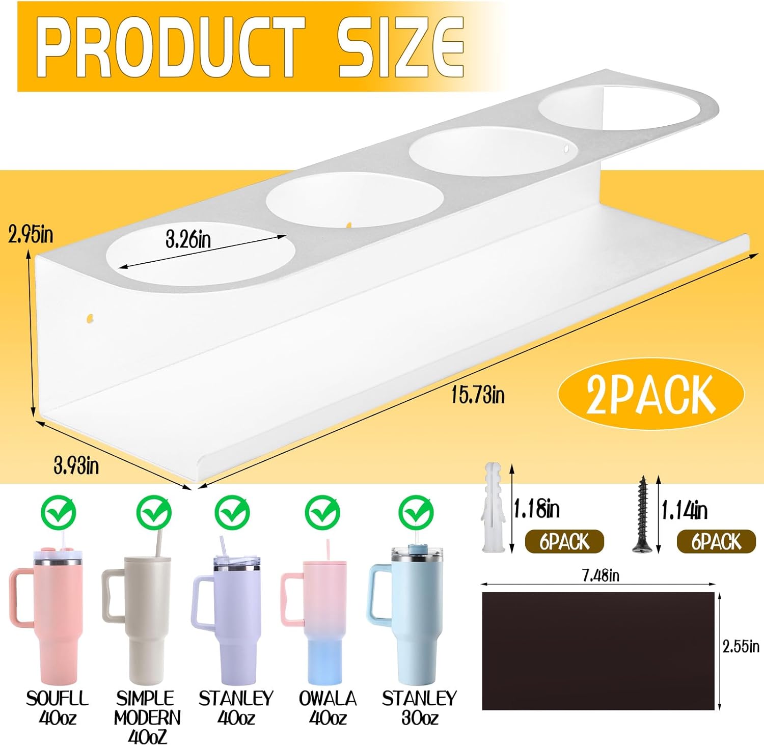 2 Pack Magnetic & Wall Mount Stanley Cup Organizer for Refrigerator, White Water Bottle Organizer for Stanley 30/40 oz, Tumbler Holder Organizer for Kitchen Cabinet Fridge, Easy to Install