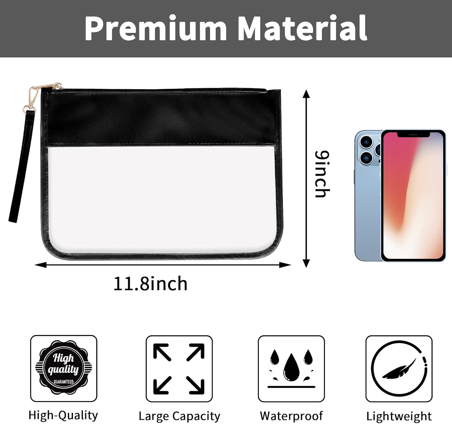 Iqimott Clear Zipper Pouch, DIY Clear Makeup Cosmetic Bag Purse for Women Girls, Chenille Letter Travel Toiletry Bag(Black) - Image 2
