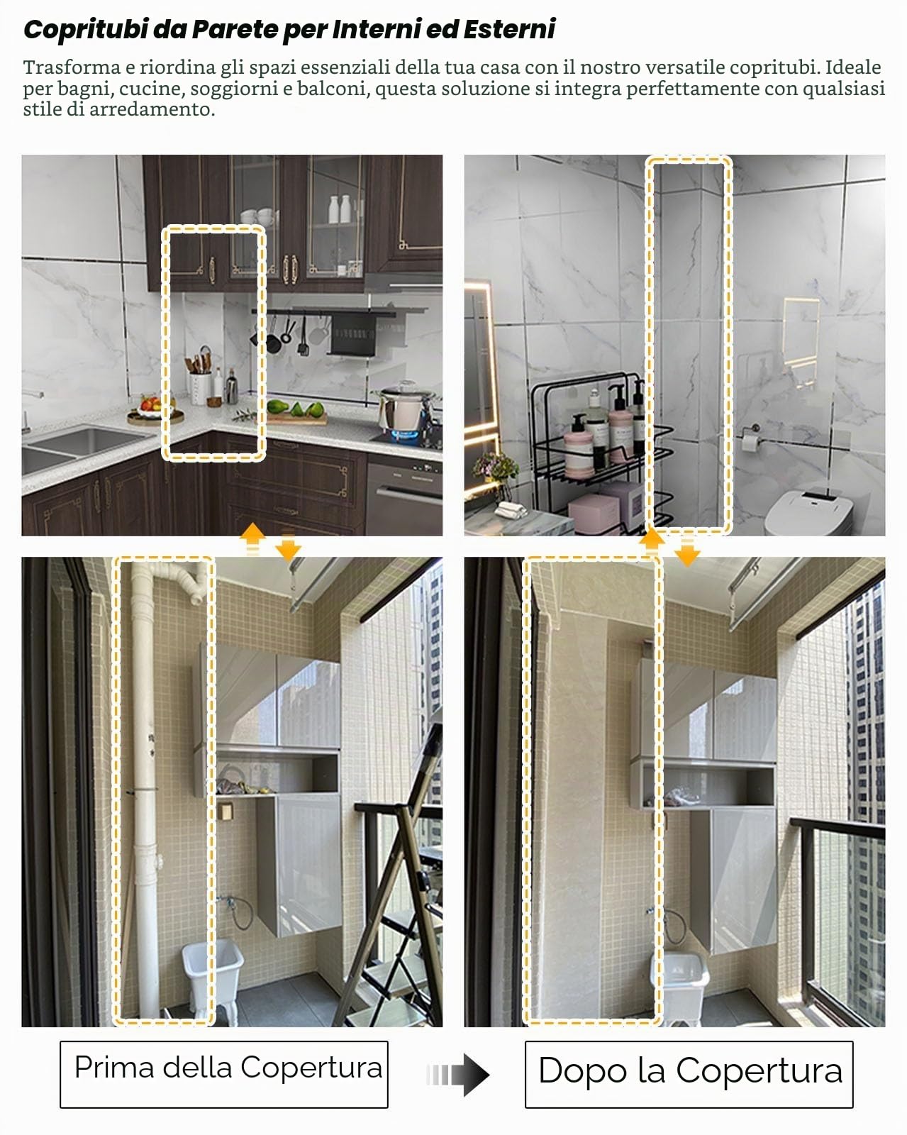 Copertura per tubi in PVC per parete, 50-119 cm, per tubi sotto il lavello, per cucina e bagno, canale quadrato, correttore per canalizzazione cavi