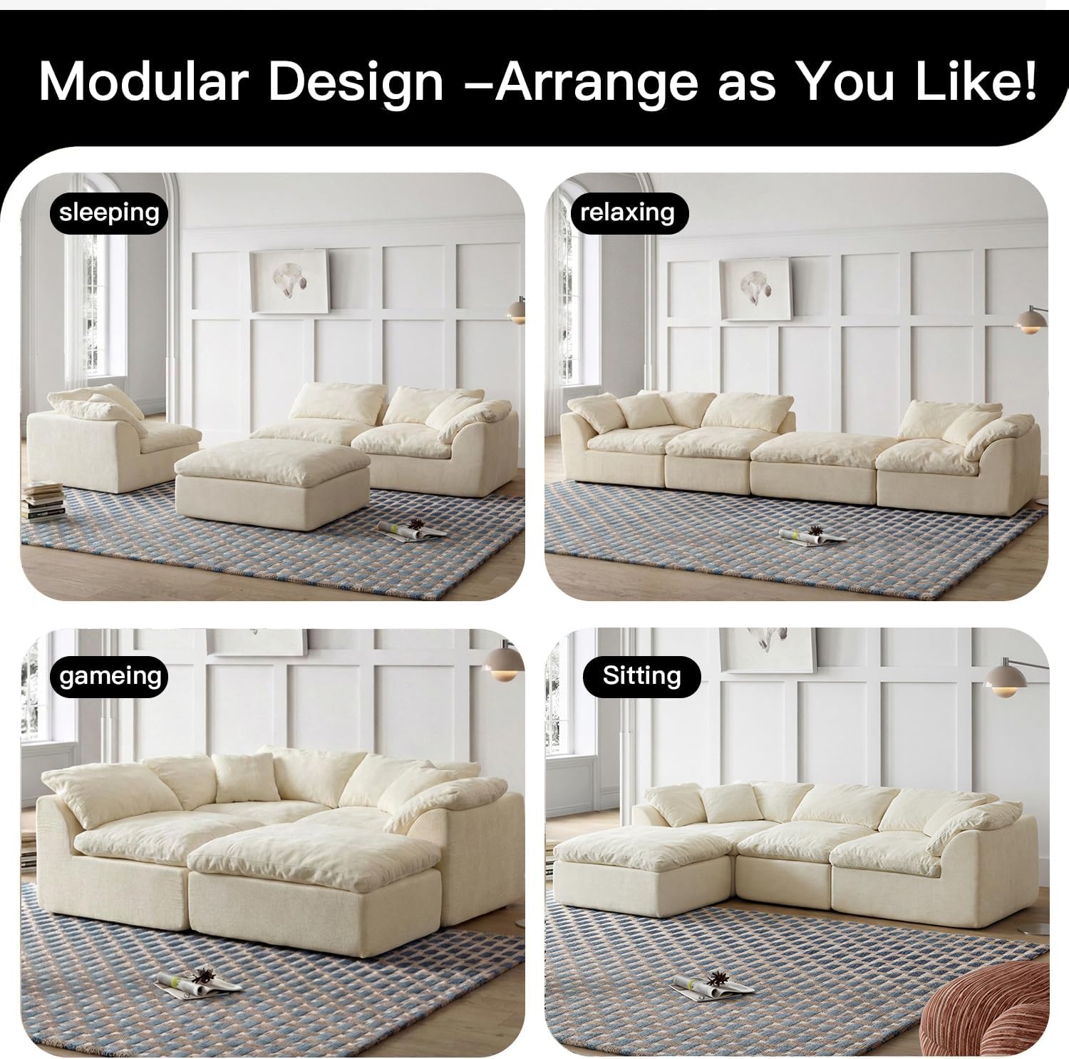 Modular Free Combination Sofa with Pedal, Chenille Corduroy, Skin-Friendly Fabric, Boneless Sofa, Sofa Bed, No Assembly Required (White)