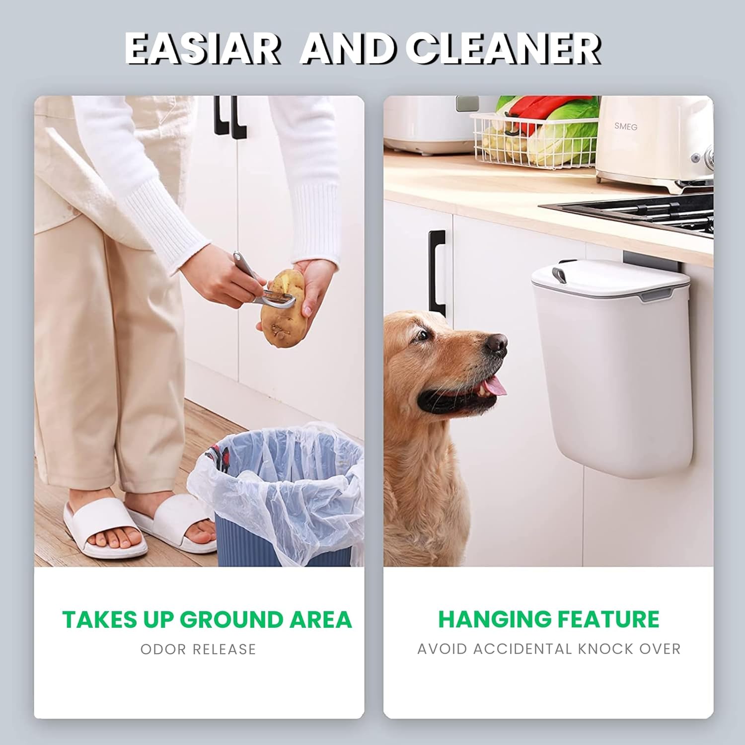 HomeEssentials Plastic Kitchen Dustbin - Modern Lightweight Hanging Garbage Bin for Home/Office | 9 Liters, White | Open-Top with Handle | Ideal for Kitchen, Bathroom and Cabinet Door (Grey)