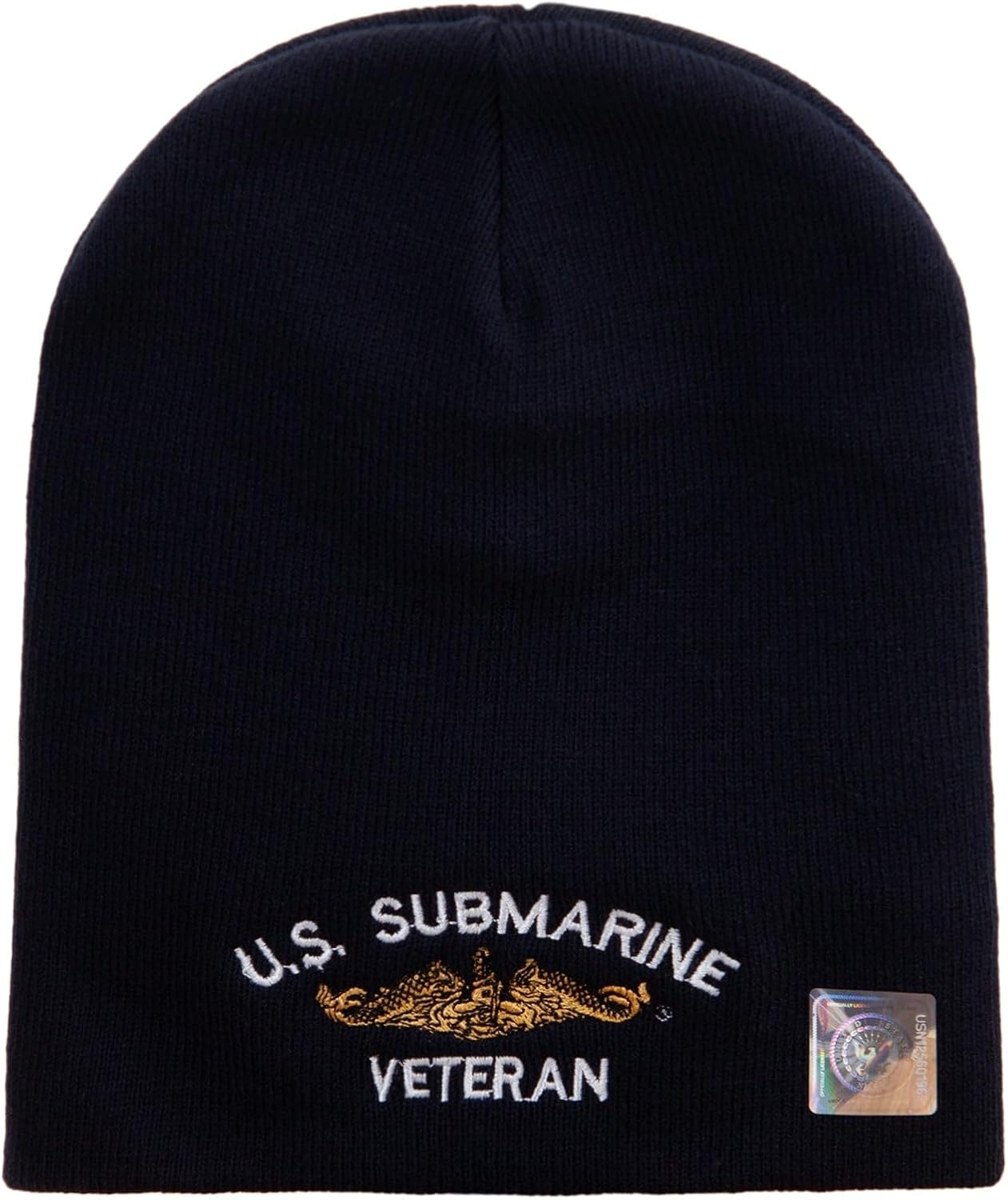 Made in USA Golden Dolphin US Submarine Veteran Symbol Embroidered 8 Inch Solid Knit Short Beanie