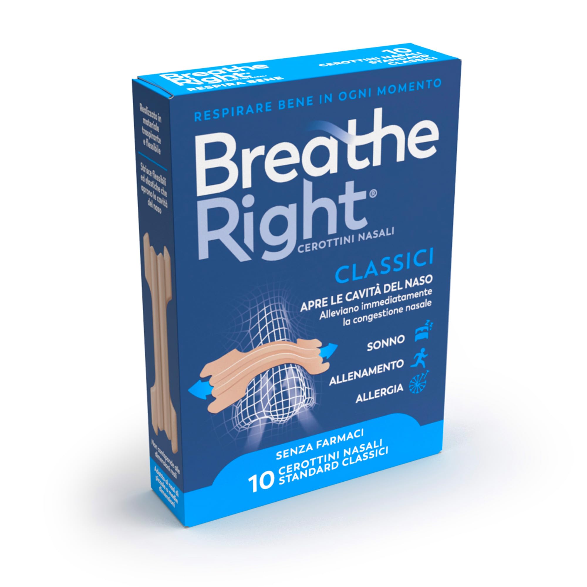 Breathe Right Cerottini Nasali Classici Standard - Strisce elastiche per apertura narici - Allevia Congestione Nasale da Raffreddore, Allergie, Russamento - Senza Medicinali - Confezione da 10 pezzi