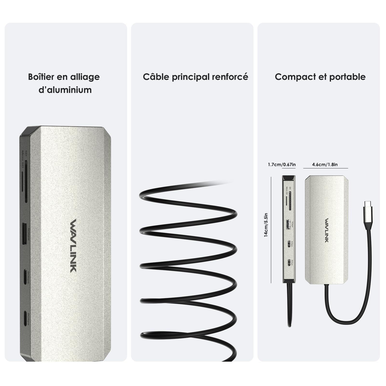 WAVLINK Station d'accueil USB C 10-en-1 pour ordinateur portable, double HDMI 4K@60Hz, ports USB A/C 3.0, emplacements SD/TF, charge PD 100W, Ethernet Gigabit, port audio, compatible with Dell/HP