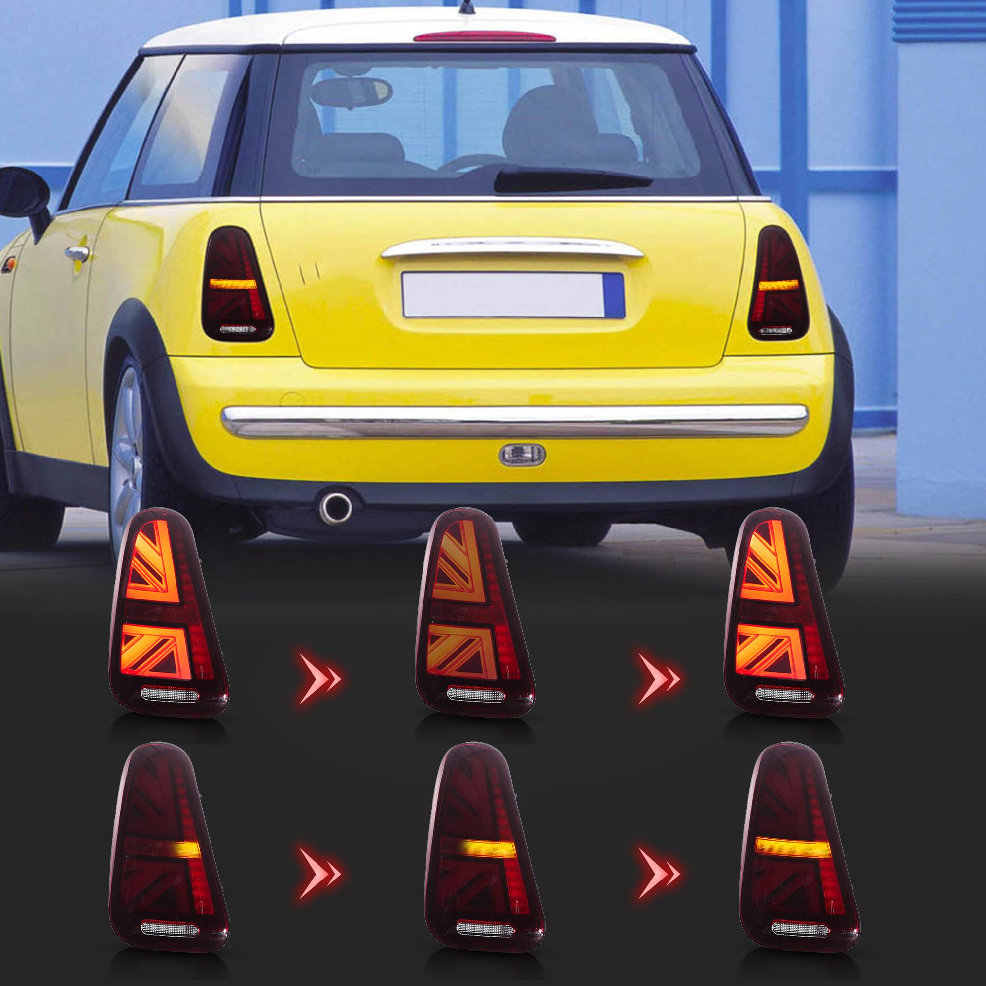VLAND LED Achterlichten voor eerste generatie Mini One/Cooper R50, Mini Cooper R52 Cabrio, Mini Cooper S R53 2001-2006, Achterlampen met Sequentiële Indicator (Transparante lens