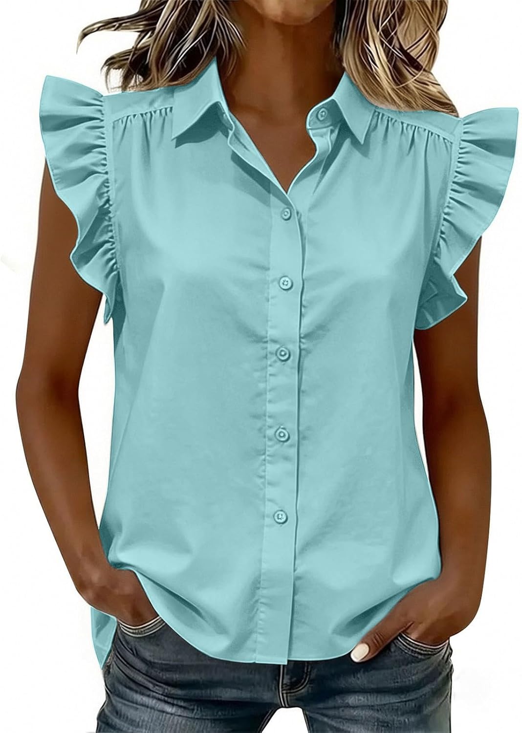 Women's Short Sleeve Shirts Ruffle Sleeve Button Down Tops Summer Dressy Casual T Shirts 2026 V Neck Blouse