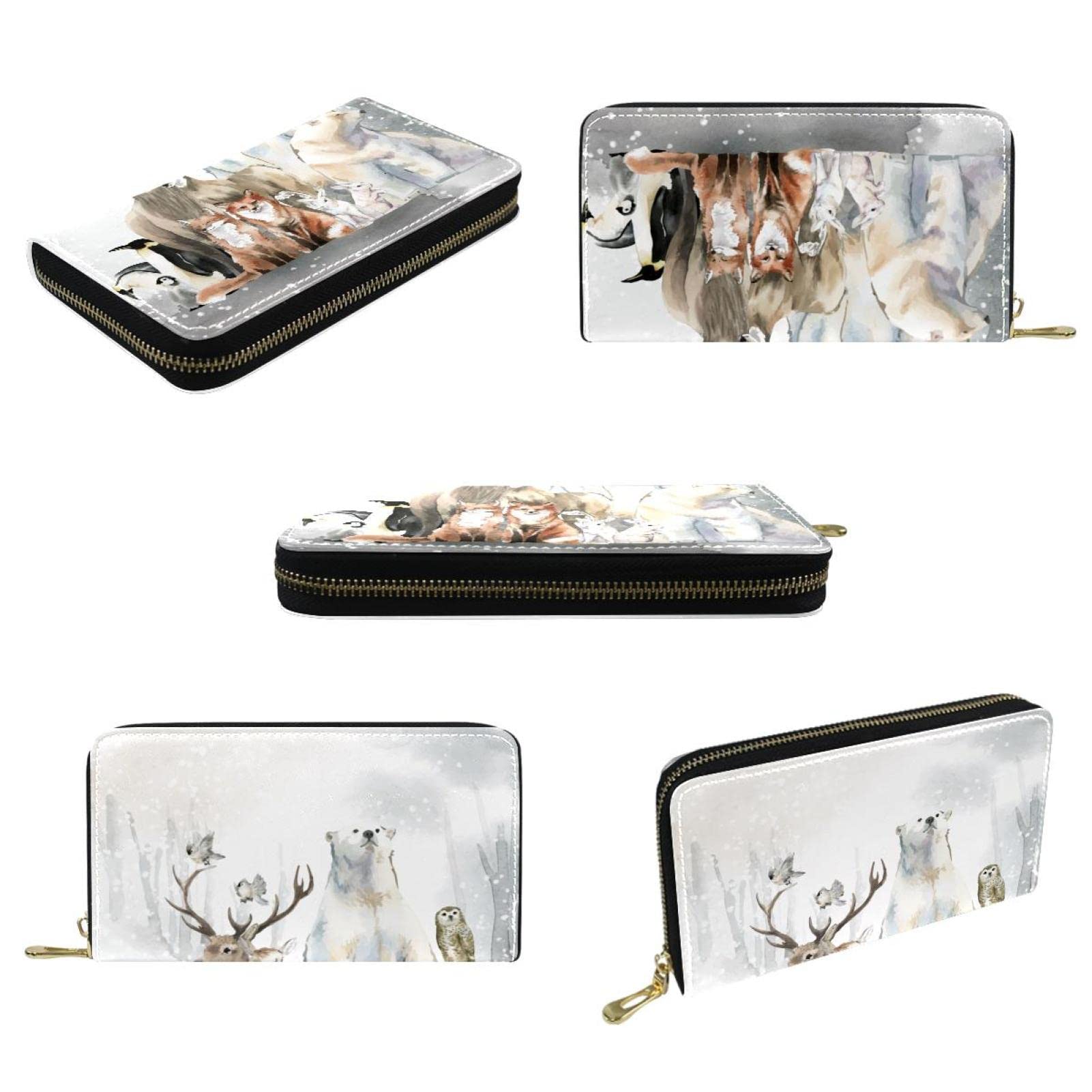 Cartera de cuero con cremallera larga para invierno, nieve, animales, bosque, Varios colores, 20.5x2.5x11.5cm/8.07x1x4.53 in, Classic