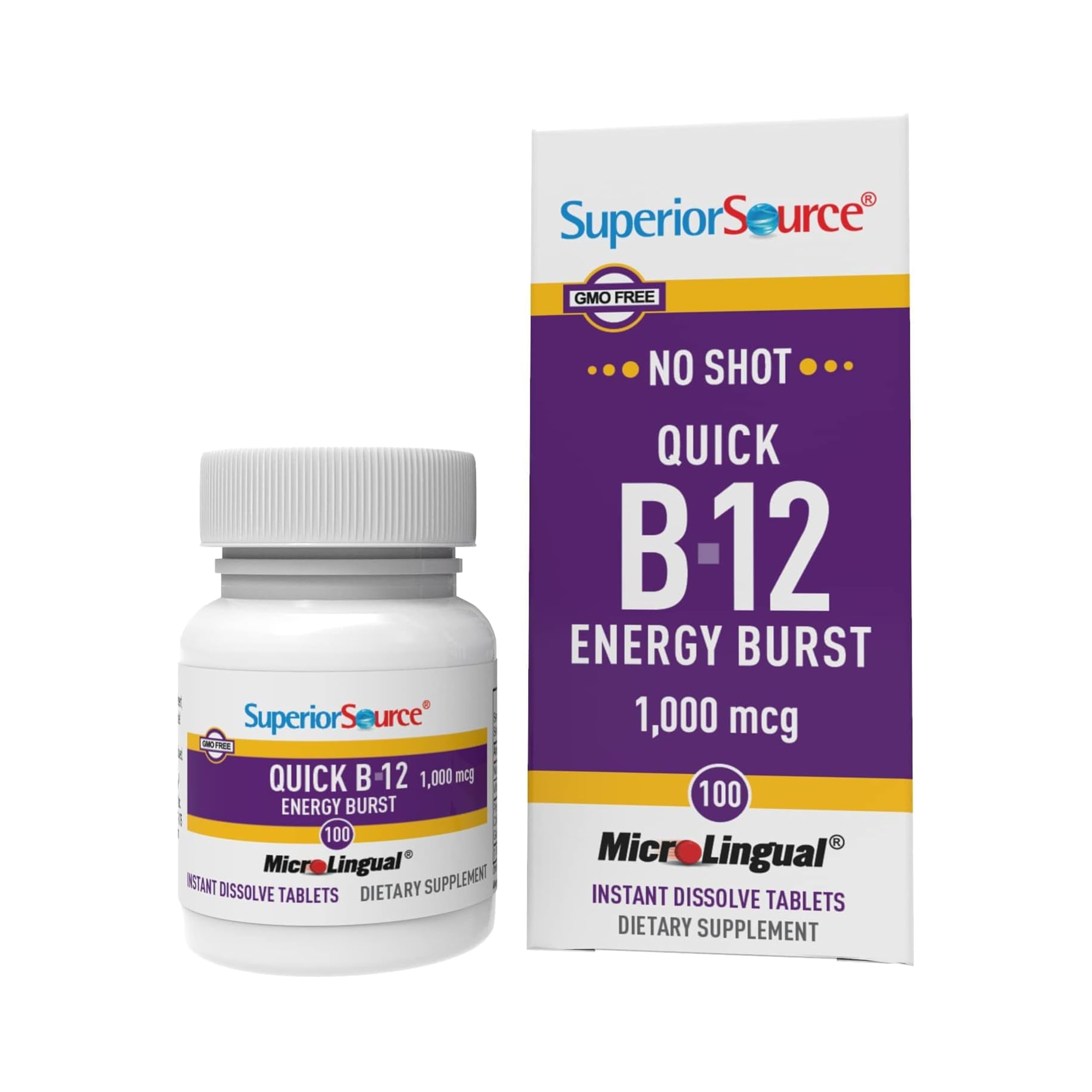 NO Shot Quick Energy Burst B-12 1,000 mcg - Premium Nervous System Support Supplement - Non-GMO & Gluten-Free - 100 MicroLingual Instant Dissolve Tablets