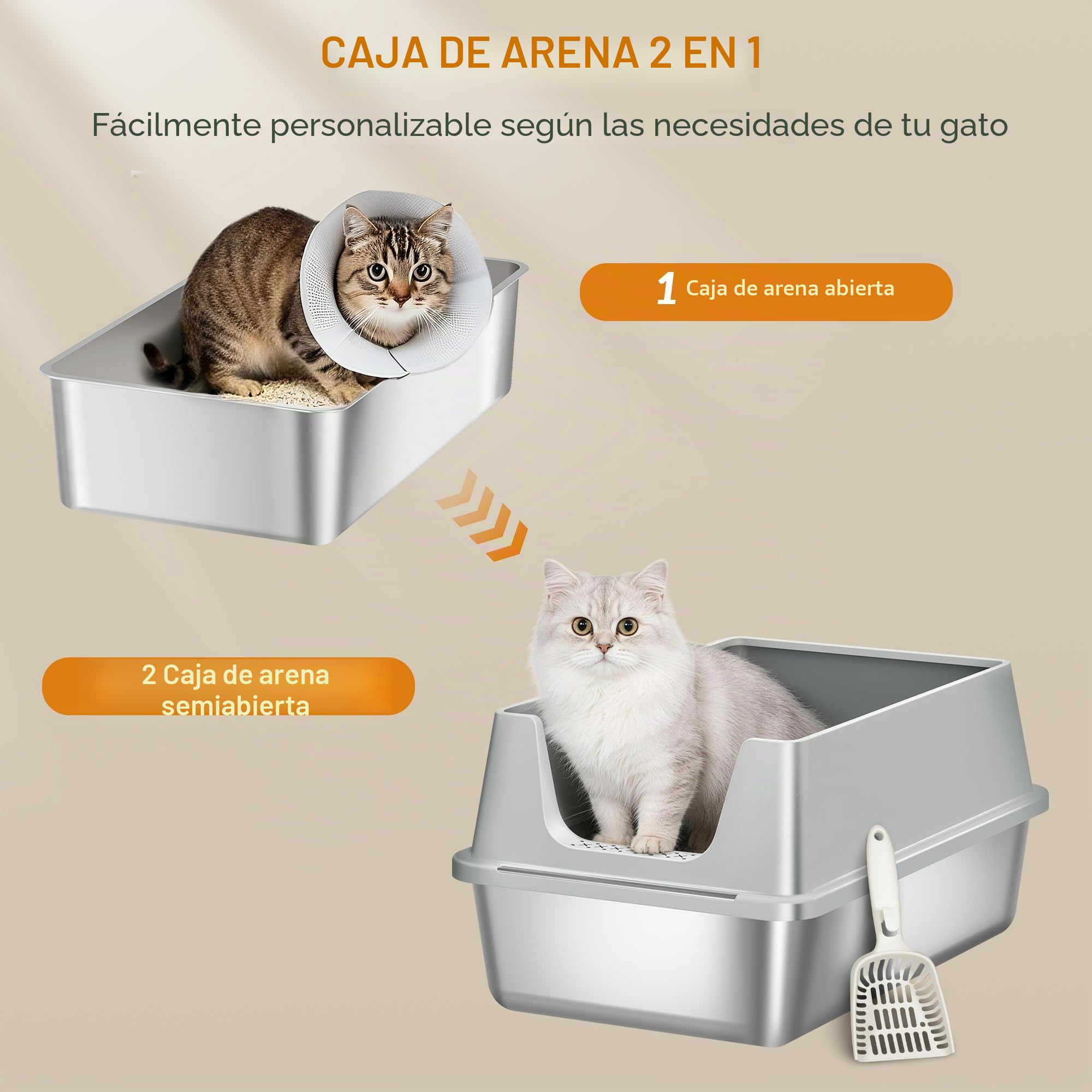 Arenero Acero Inoxidable Gatos XXL, 60,5x40x29cm, Gris Claro | Arenero Metalico para Gato, Caja de Arena Grande para Gatos, Laterales Altos, Incluye Pala, Fácil de Limpiar FPLB003SG1