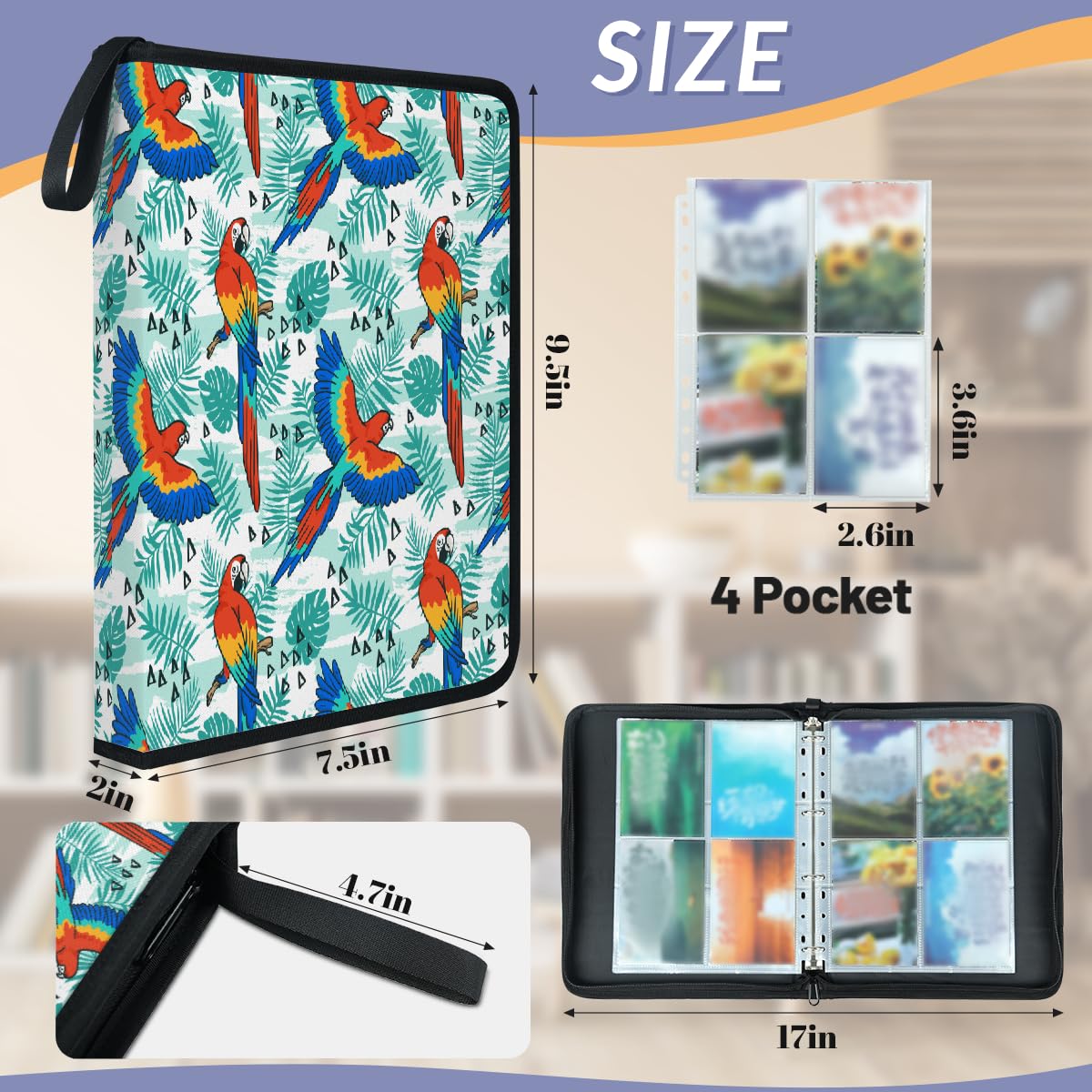 Carpeta para tarjetas de intercambio, 4 bolsillos, hojas de palmera tropicales, pájaros, loros, carpeta, carpeta, álbum de tarjetas con fundas extraíbles, impermeable, con cremallera, capacidad para