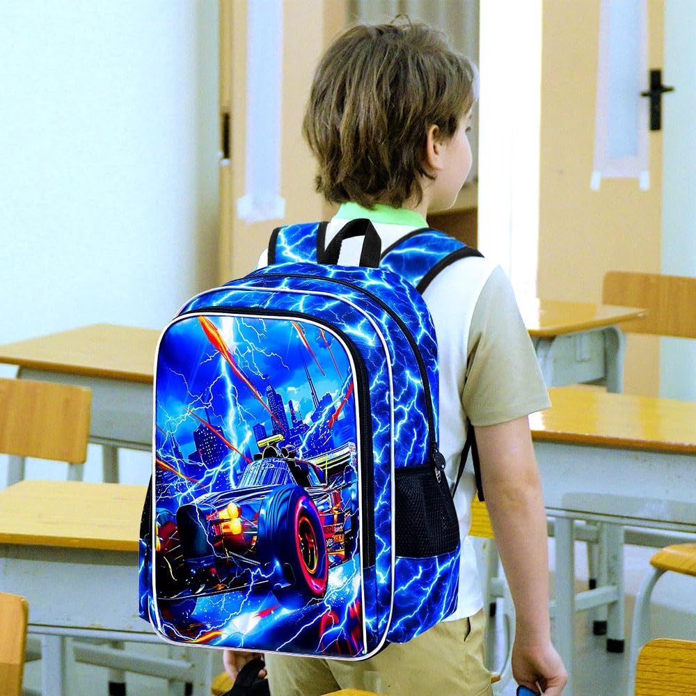 KLFVB 3PCS Lightning Backpack for Boys, 17" Race Car Bookbag and Lunch Box, Water Resistant Teenagers School Backpacks for Middle Elementary - Lightning Speed Car