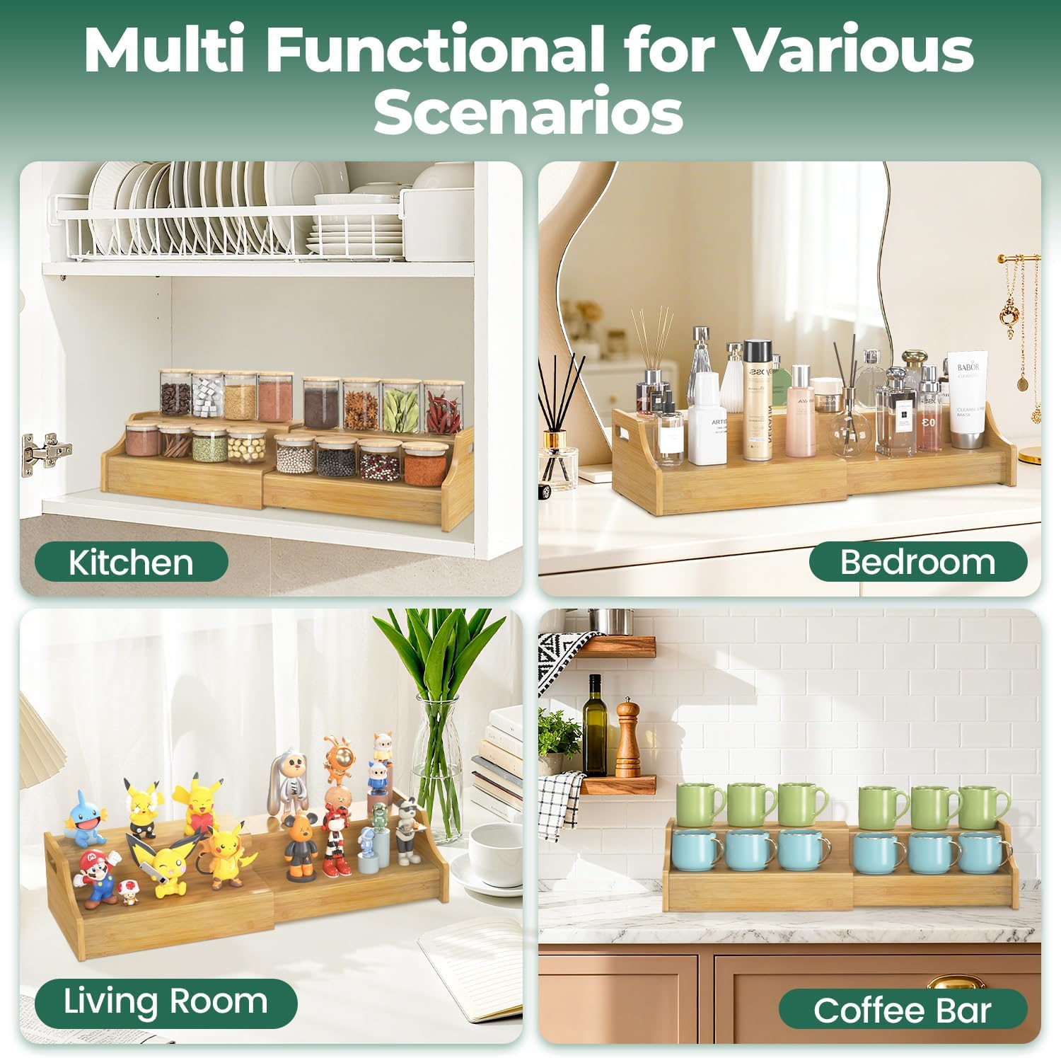 EsLuker.ly Coffee Mug Cup Holder Rack for Cabinets Countertop, 2 Tier Expandable Mug Storage Organizer Bamboo Coffee Bar Station Display Stand Shelf for Kitchen Countertop, No Assembly, More Space
