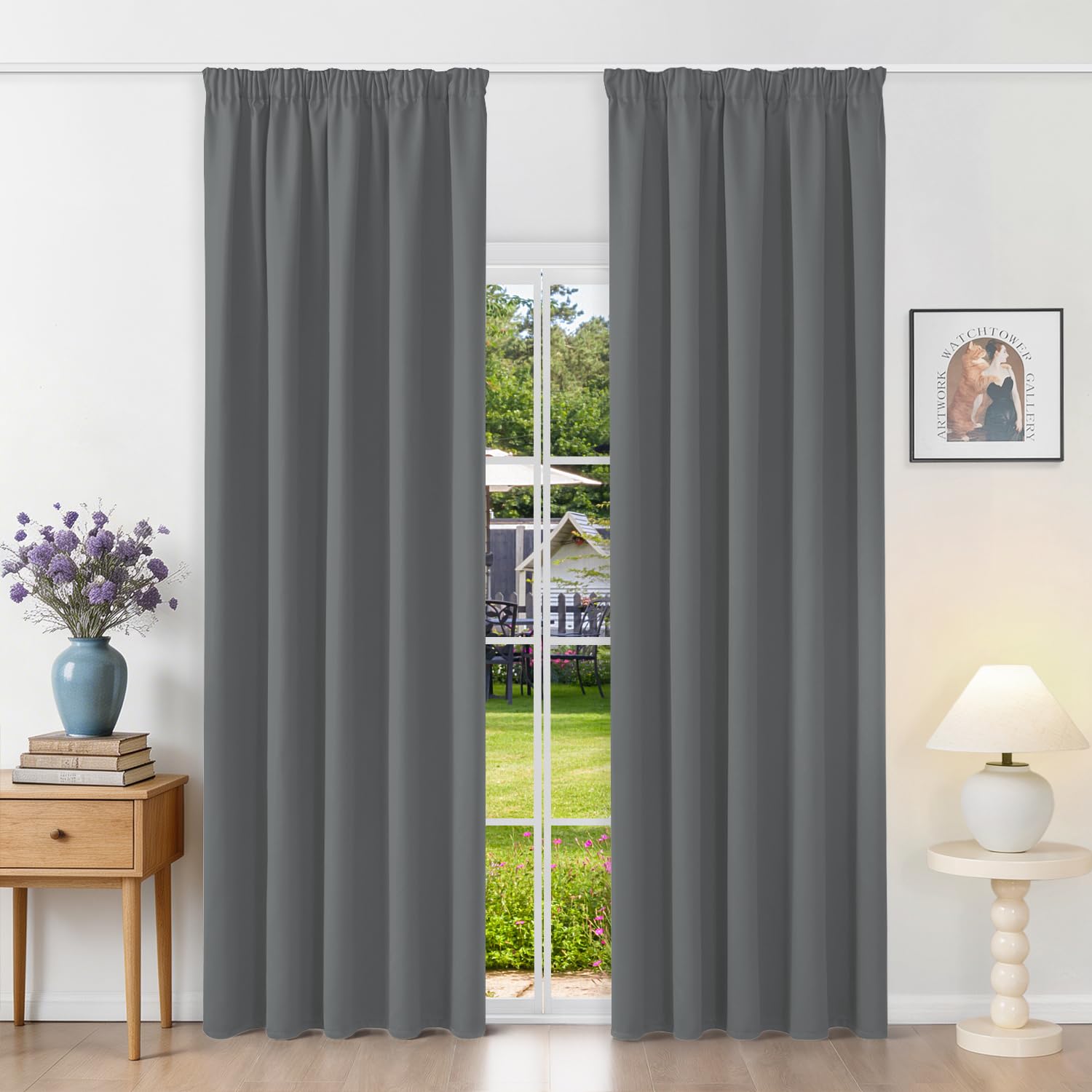 Runyéla Pencil Pleat Blackout Curtains for Bedroom Grey Thermal Curtain 66 x 90 Inch Drop Living Room Kitchen 2 Panels Light Gray