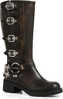 AMINUGAL Knee High Boots Women Square Toe Pull On Wide Calf Riding Fashion Buckles