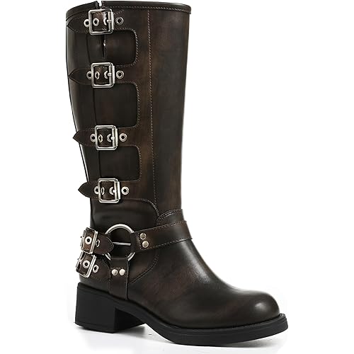 AMINUGAL Knee High Boots Women Square Toe Pull On Wide Calf Riding Fashion Buckles Chunky Metallic Casual Vintage Buckle Rivet