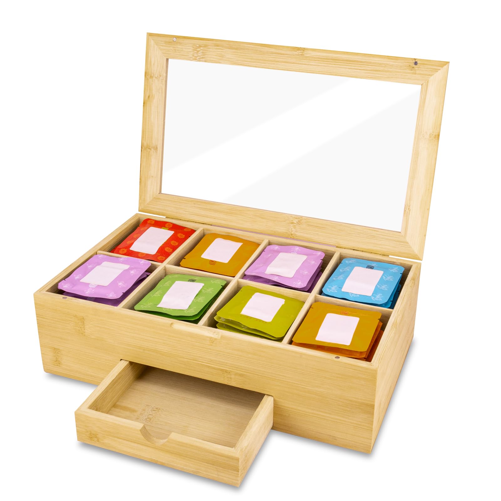 Bamboo Tea Box Storage Organizer,Holds Tea Bags and Tea Accessories,Tea and Coffee Condiment Storage Organizer,Tea Bar,Coffee Pod Organizer (8 Slots+Drawer)