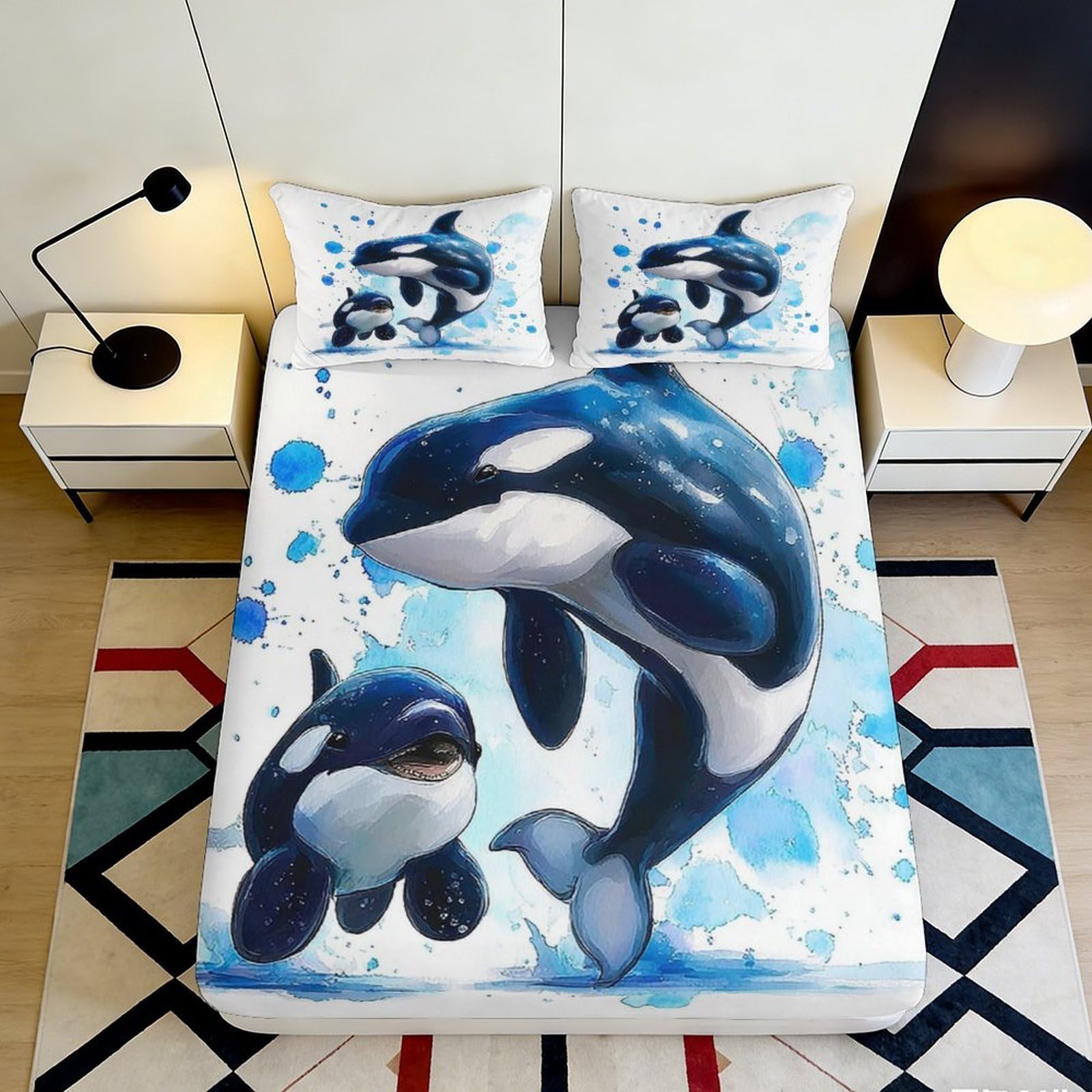 3D Printed Whale Fitted Sheet Microfiber Deep Pocket Elastic Hem Bedroom Bedding Whale Mattress Fitted Cover Washable Home 200x200x25cm