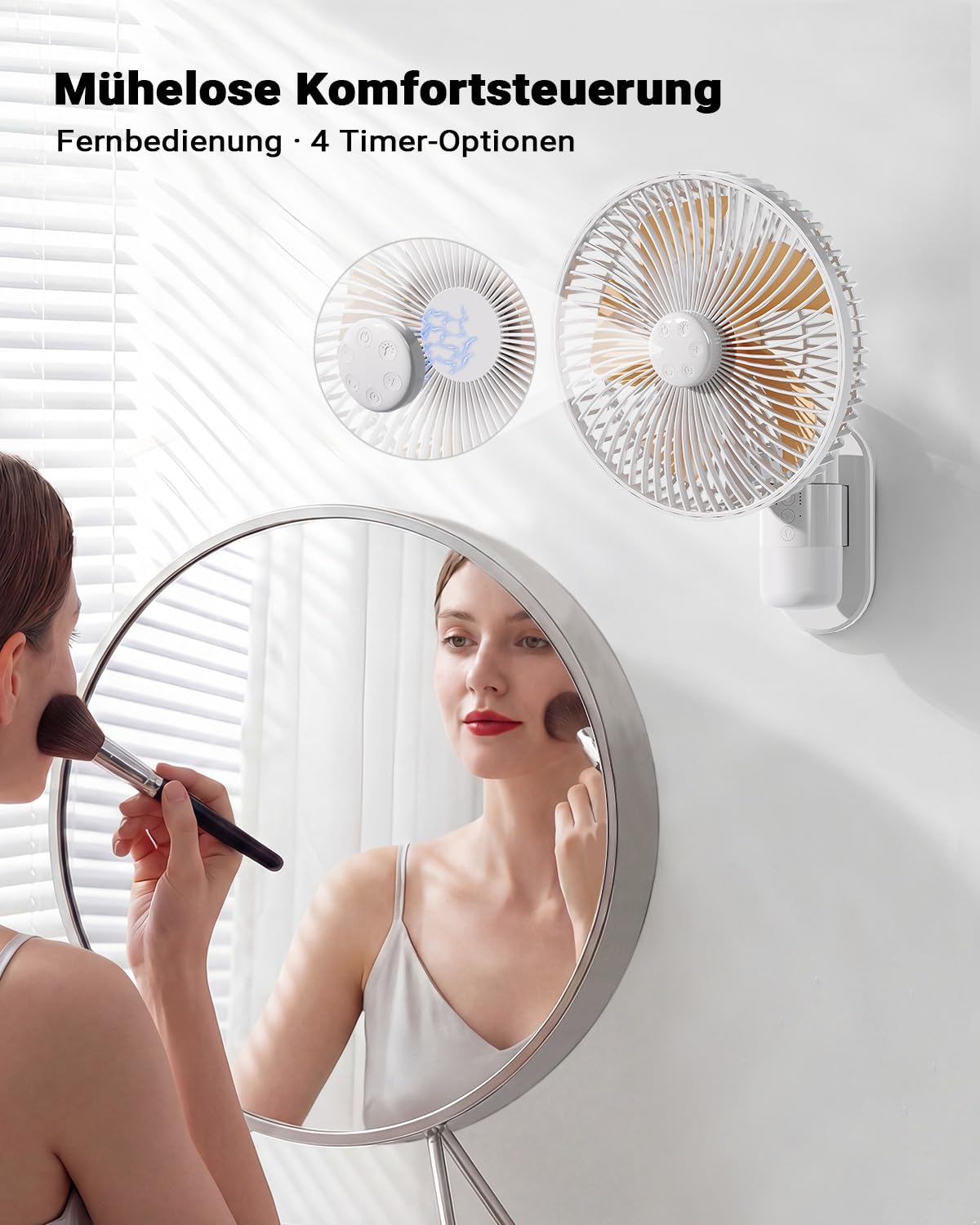 Wandventilator mit Licht 26 cm Fernbedienung 30 dB leise 5,2 m/s Luftstrom Timer 90° Oszillation 4 Geschwindigkeiten 180° neigbar