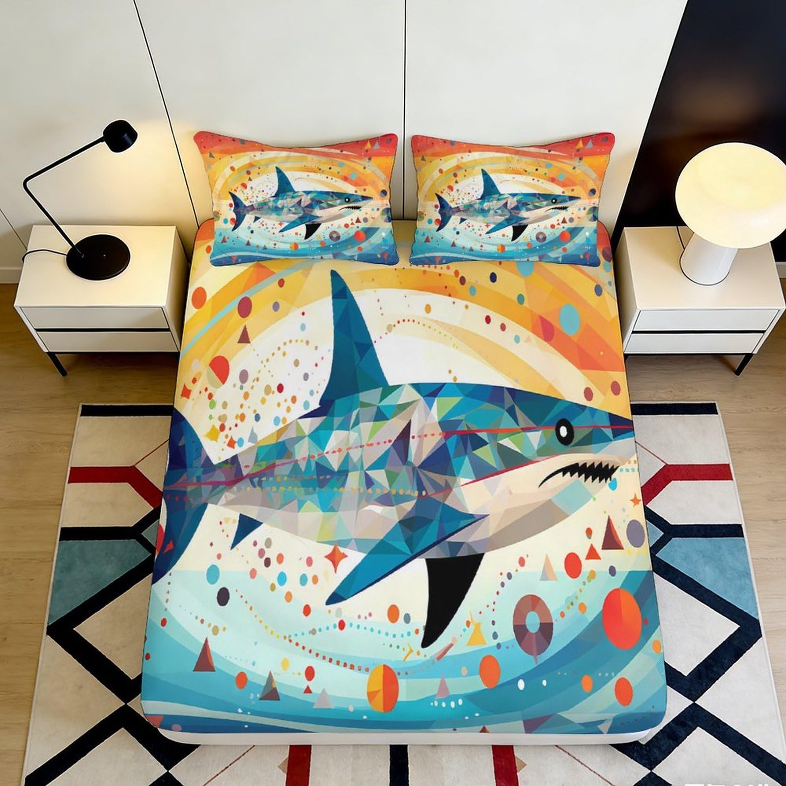 3D Printed Geometric Shark Fitted Sheet Microfiber Vibrant Ocean Mattress Cover for Bedroom Guest Room Decor 116 140x200x25cm