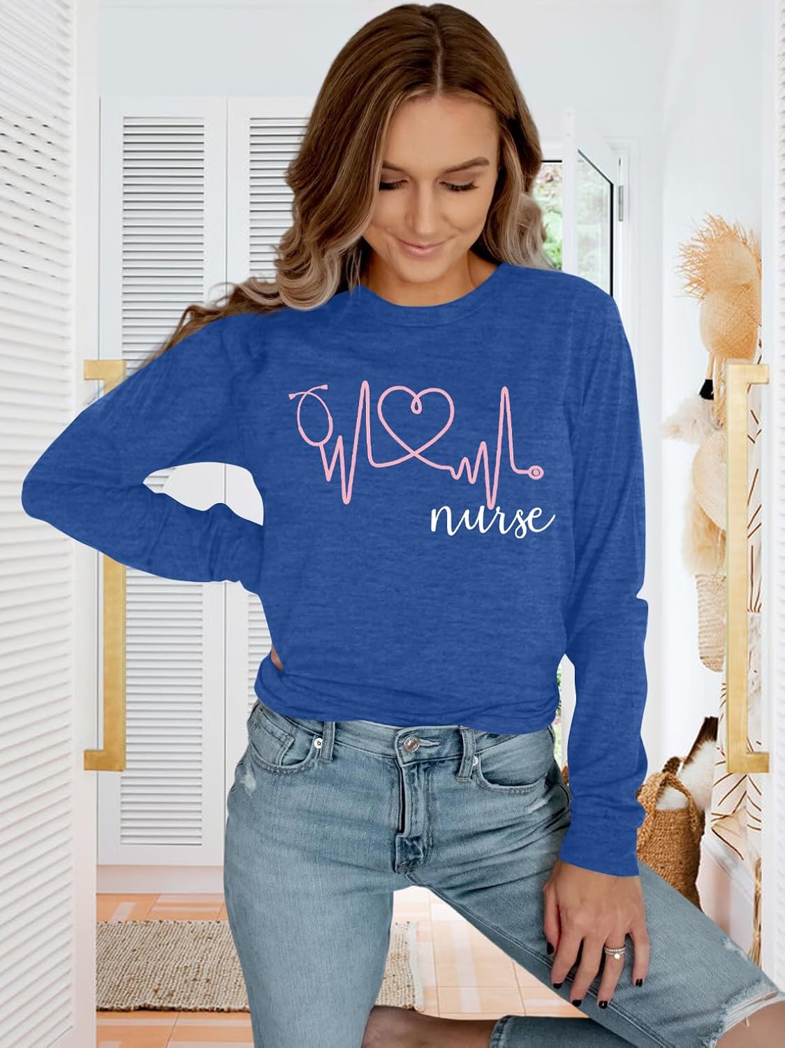 SFHFY Nurse Shirts for Women Heartbeat Print Tops Casual Long Sleeve Heartbeat Love Pullover for Nurse Life Shirt - Image 5