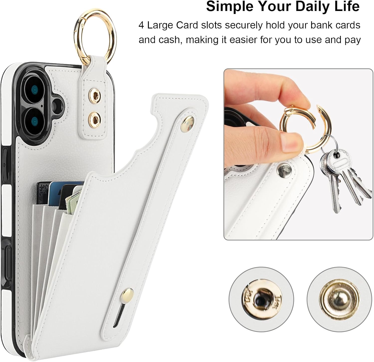 Folosu for iPhone 16 Plus Wallet Case with Card Holder, Hand Wrist Strap Loop Holder Kickstand, RFID Blocking Finger Grip Ring PU Leather Double Buttons Shockproof Cover 6.7" White