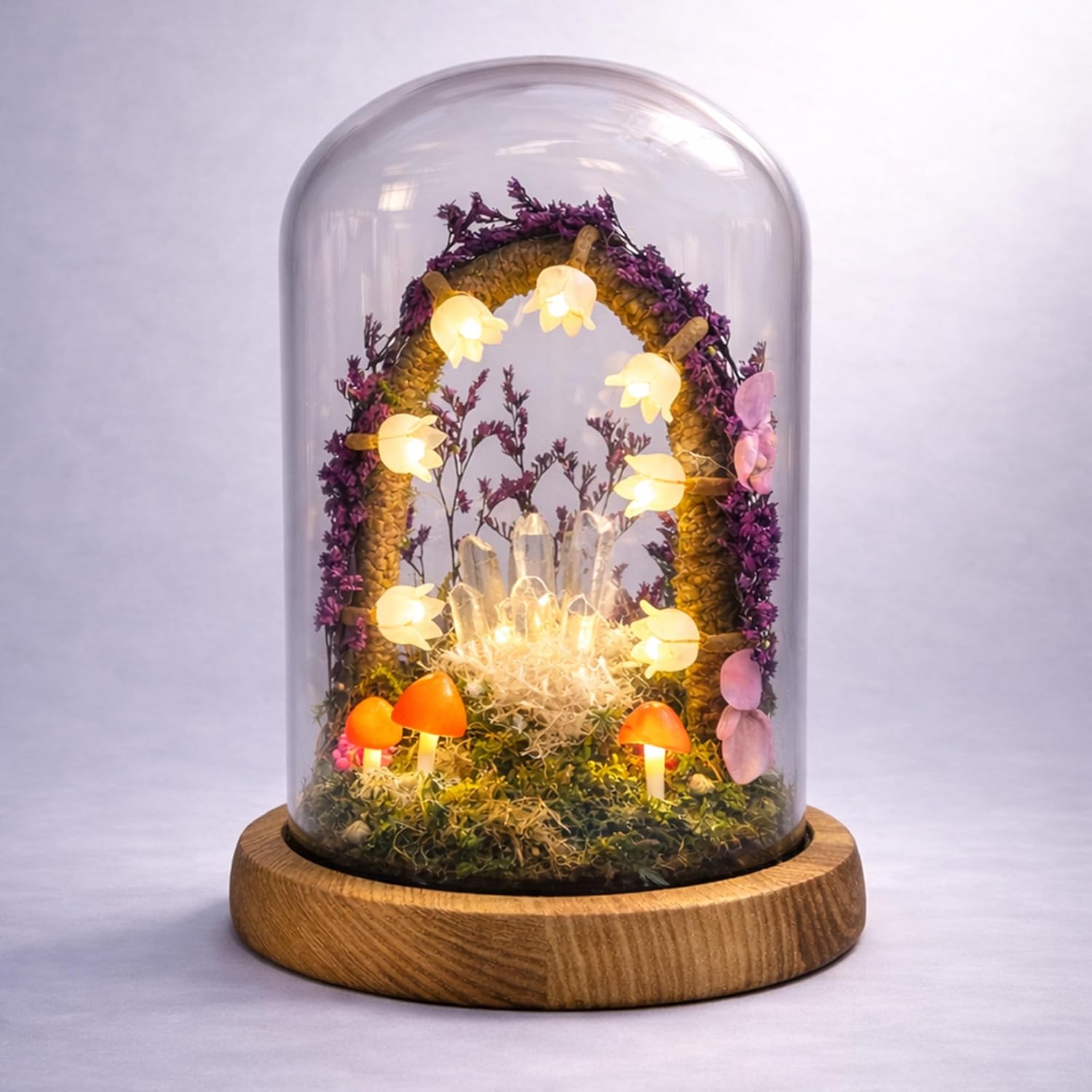 Mushroom Night Light Lamp - Handmade Glass Dome Fairy Light with Solid Wood Base, USB or Wireless, Cozy Aesthetic Bedside Table Decor, Unique Gift | Purple Rain