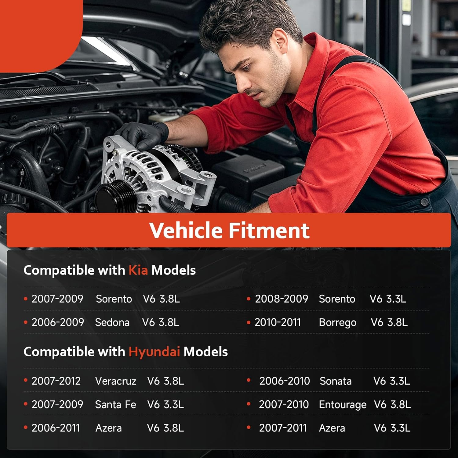 11191N Alternator NEW Replacement for 07-09 Kia Sorento 3.3 3.8L, Sedona 06-09, Borrego 10-11, 06-11 Hyundai Azera 3.3 3.8L, Veracruz 07-12, Entourage 07-10, Sonata 06-10, Santa Fe 07-09, 102211-3102