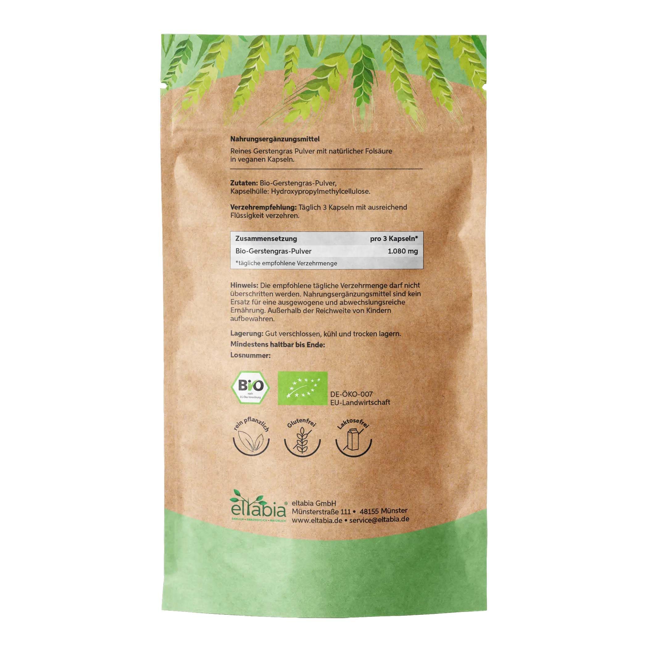 Bio Gerstengras Kapseln 500 Stück | Hochdosiert 1080mg Tagesdosis | Gerstengraspulver aus deutschem Anbau | 100% rein ohne Zusätze (DE-ÖKO-007) | Vegan und ideal für unterwegs