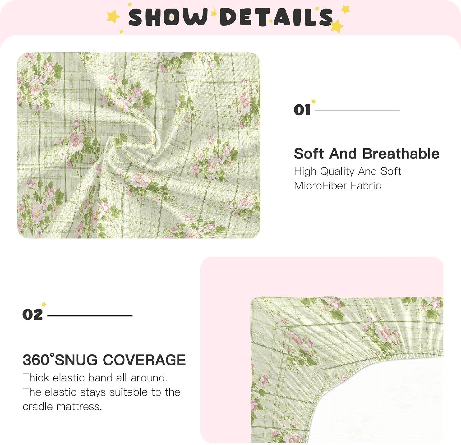MNSRUU Baby Crib Sheets for Boys Girls, Green Plaid Florals Soft Breathable Fitted Bassinet Playard Bed Sheet for Standard Crib and Toddler Mattress Playard Bedding, 52x28x9in