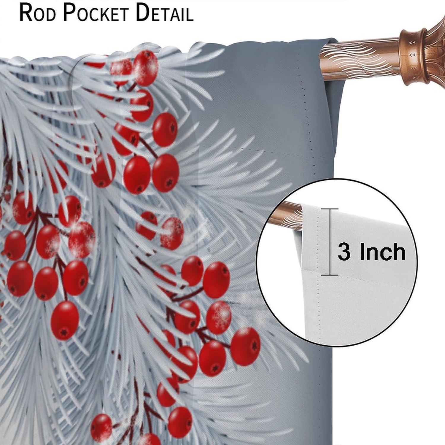 Merry Christmas Curtains for Bedroom, Xmas Red Balls Berryies Silver Fir Branches Winter Sparkling Snow Window Treatments for Living Room Kids Boys Girls Room, 42" W X 63" L, Blackout