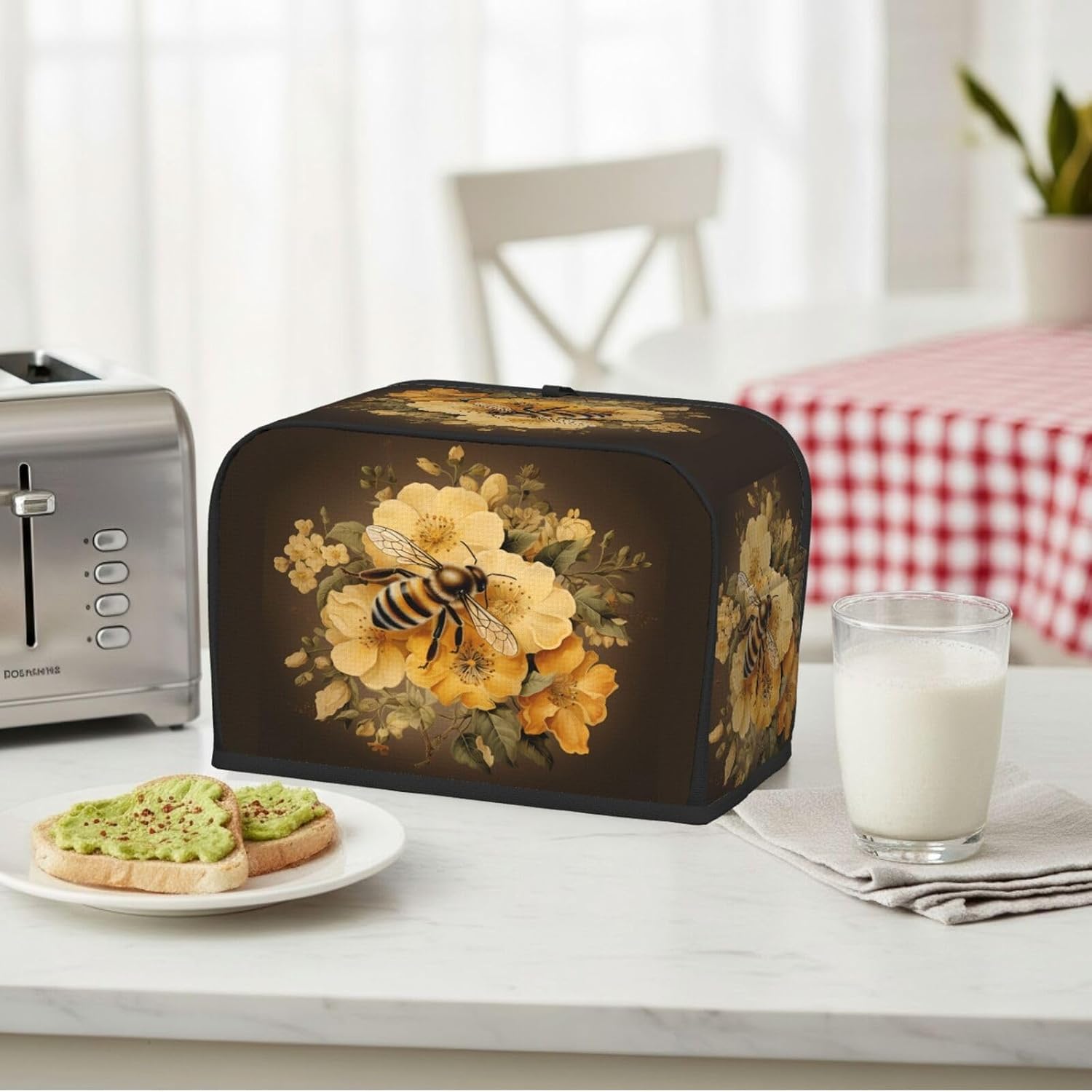 Vintage Bee Yellow Floral 2 Slice Toaster Cover, Waterproof & Dust-proof Kitchen Appliance Protector Bread Maker Dust Cover Decorative Toaster Sleeve for Home Kitchen Dining Room