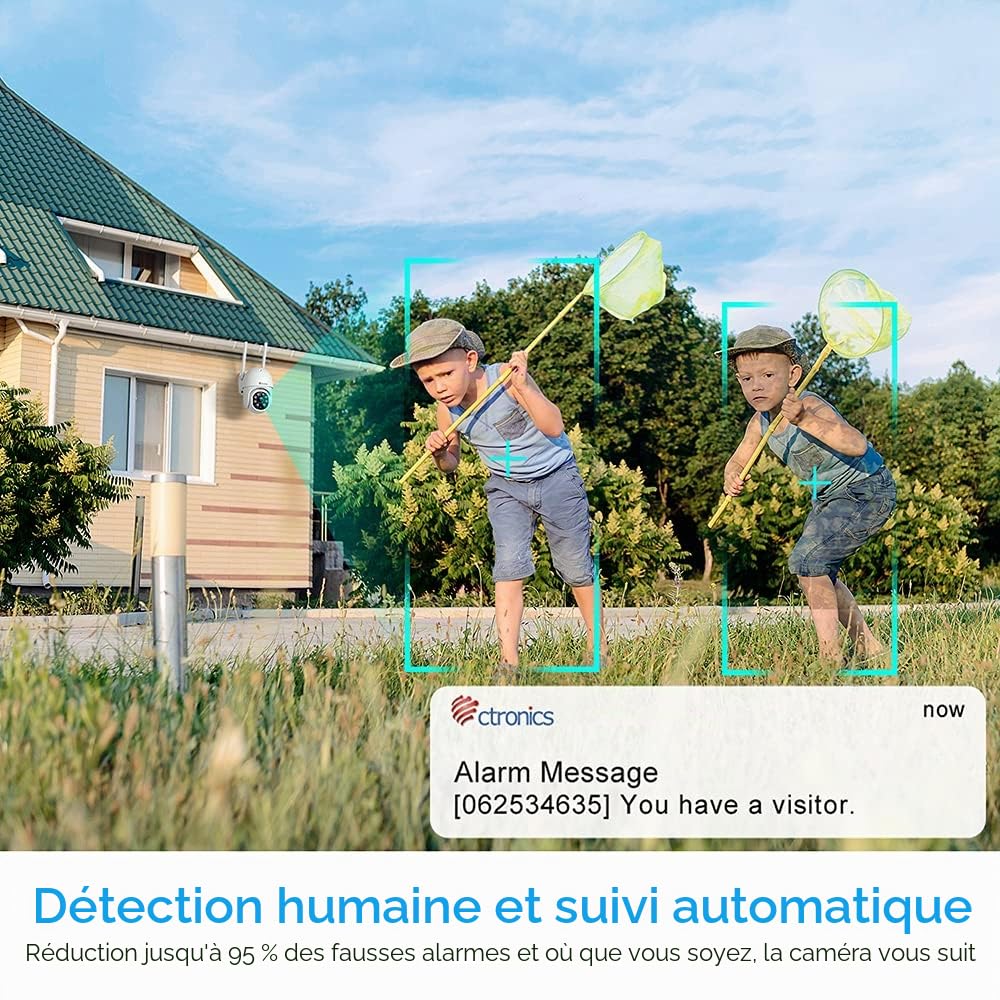 Ctronics 4MP Caméra Surveillance WiFi Extérieure 2.4/5Ghz WiFi PTZ Caméra IP Vision Nocturne Couleur Détection Humaine Suivi Automatique Audio Bidirectionnel Étanche IP66 | PTZ Caméra IP Vision Nocturne Couleur Détection Humaine Suivi Automatique Audio Bi