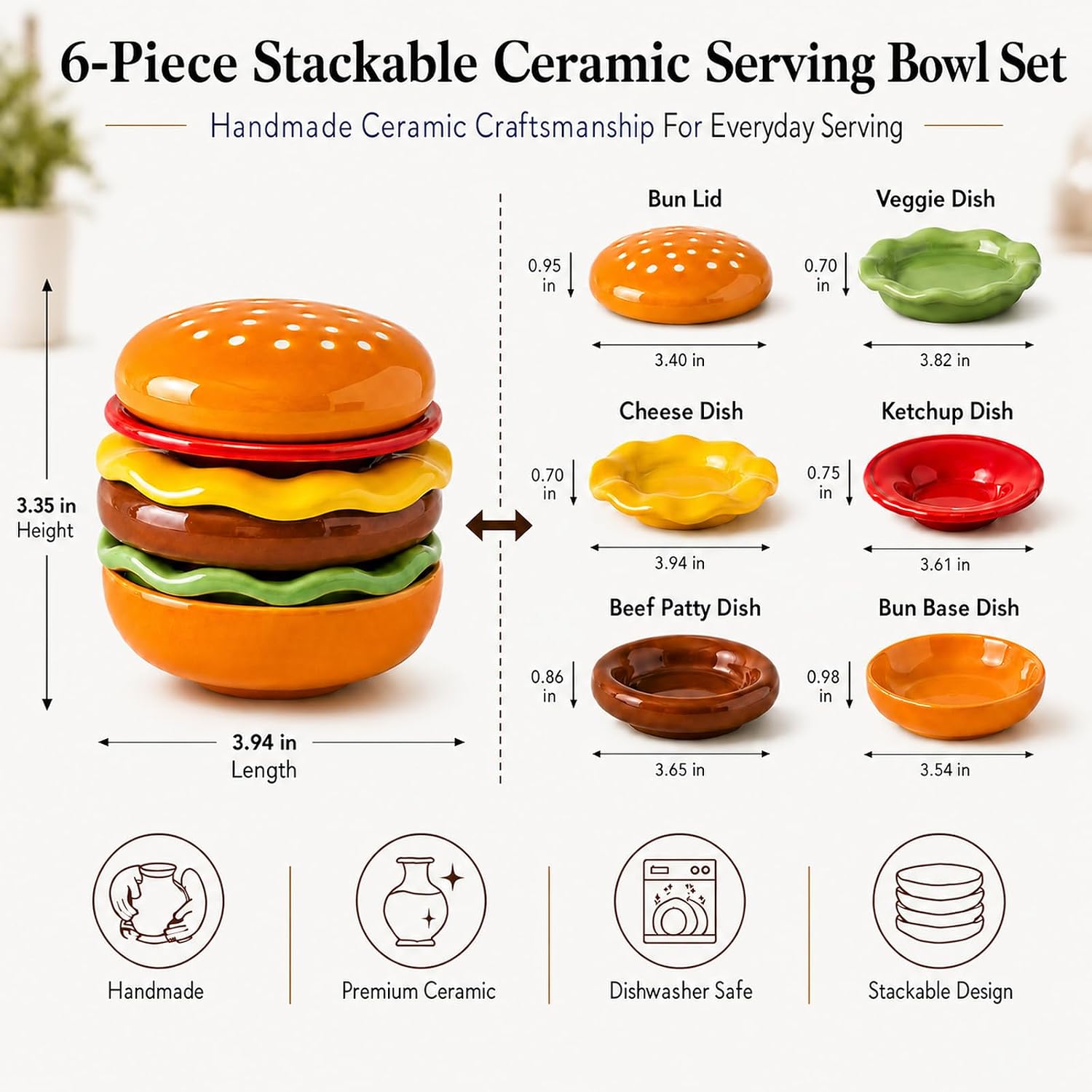 6 Pack Ceramic Burgers Snacks Dipping Pinch Bowls, Small Soy Sauce Dish
