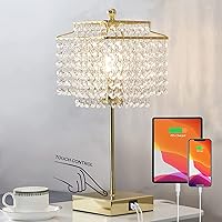 Luvkczc Crystal Touch Table Lamp with USB A+C Ports, Dimmable Gold Bedside Lamp, K9 Crystal Shade, Easy Install, Bulb Included