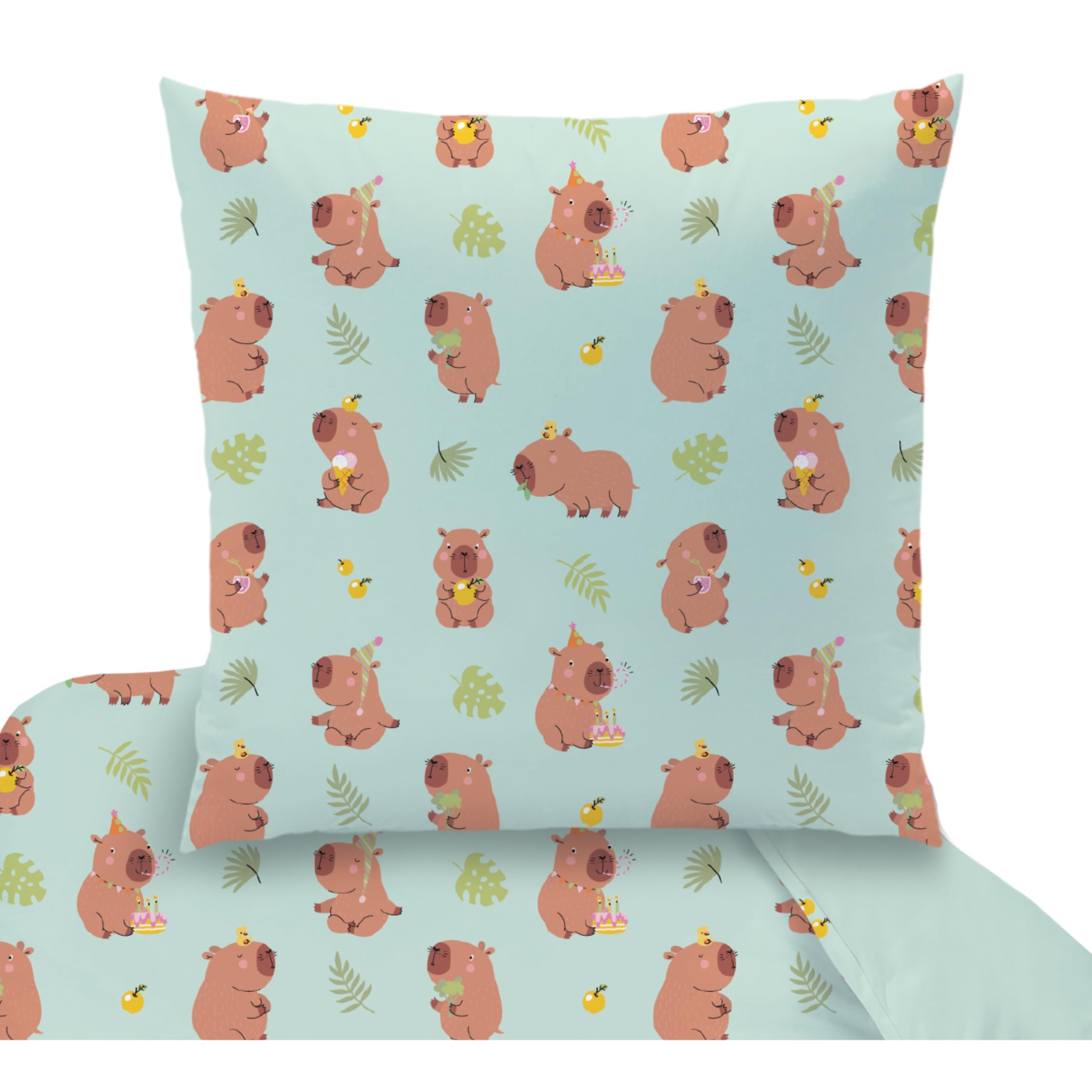 MTOnlinehandel Capybara Bettwäsche 135x200 + 80x80 cm – Renforcé Baumwolle, Öko-Tex Zertifiziert, Reißverschluss – süßes Capybara Motiv „Be Like Capy“, Kinder & Teenager Geschenk