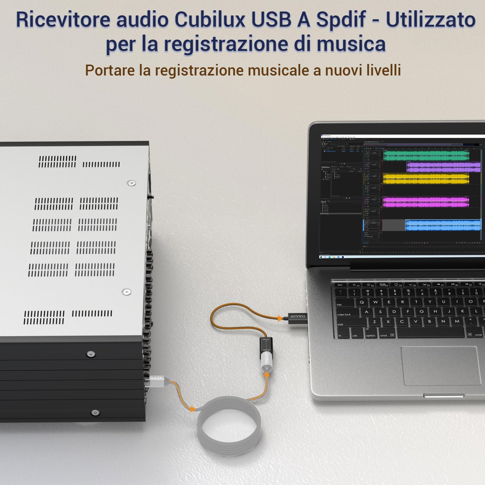 Cubilux Adattatore Ingresso SPDIF USB-A per PC, Dongle Ottico TOSLINK USB RX SDPIF [SOLO Registrazione Stereo Non Riproduzione Audio] per Laptop Computer