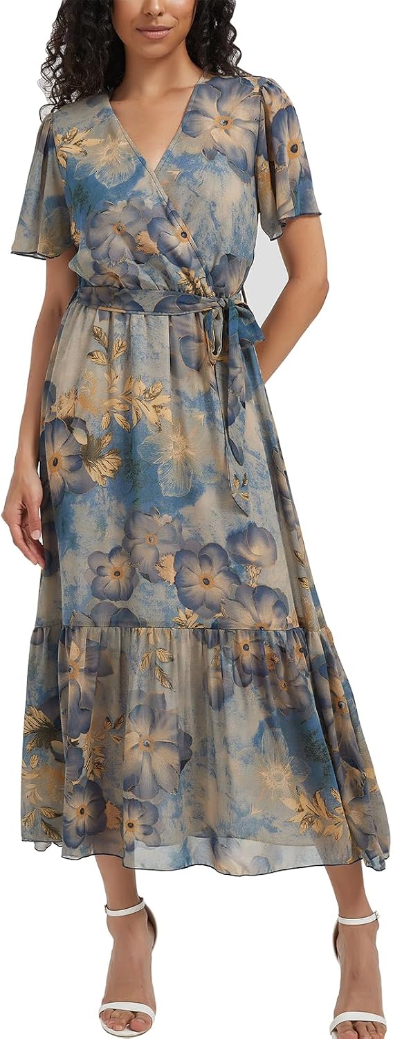 Women's Summer Bohemian Floral Chiffon Dress Cap Sleeve V Neck Ruffle Long Flowy Boho Casual Vacation Dresses