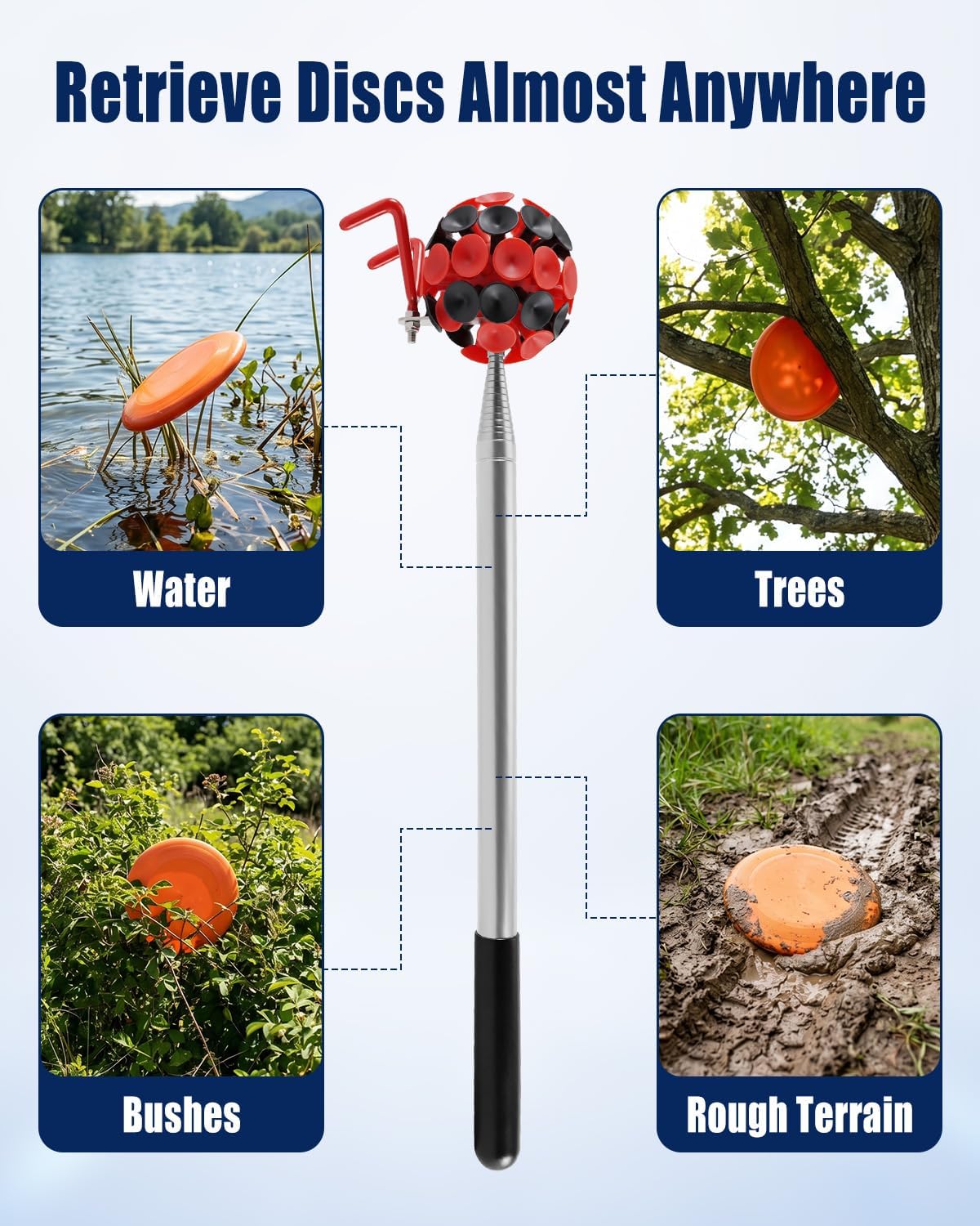 Disc Golf Retriever, 15 FT Telescopic Pole with Suction Cup & Hook, Extendable Disc Golf Disc Retriever, Metal Disc Recovery Tool for Water, Trees, Bushes & Hard-to-Reach Areas