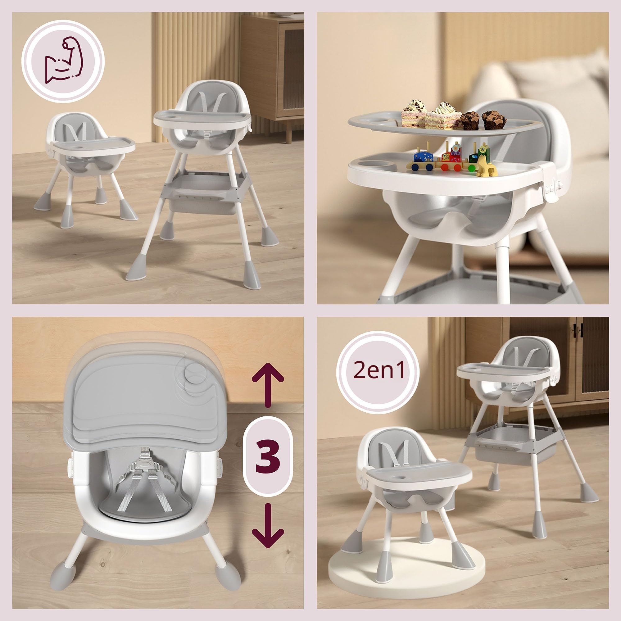 Moby-System Chaise Haute Réglable Magnolia 2en1 Grise Similicuir Dès 6 Mois